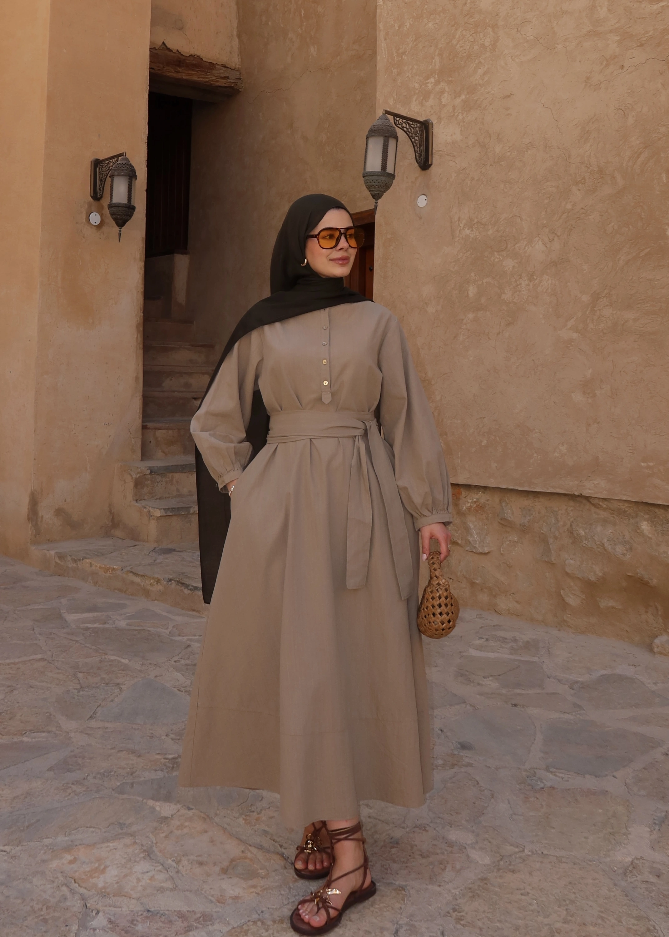 2357 ÖN DÜĞME HAM KETEN ELBİSE VİZON