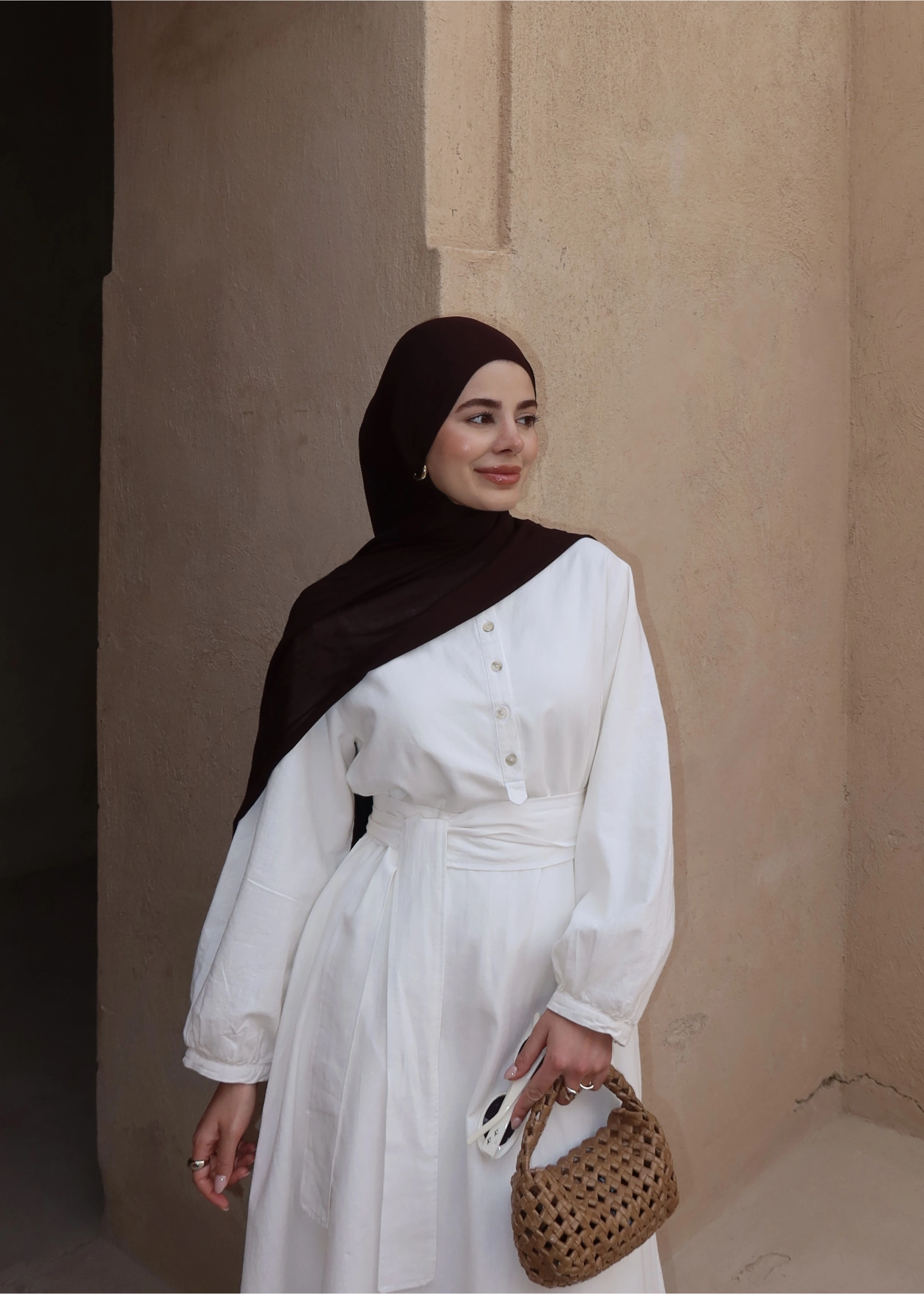 2357 ÖN DÜĞME HAM KETEN ELBİSE beyaz