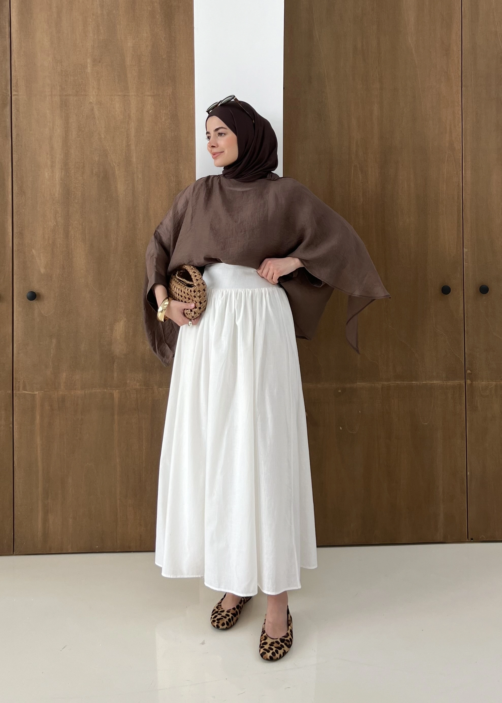 2926 KETEN BÜZGÜLÜ YÜKSEK BEL ETEK BEYAZ