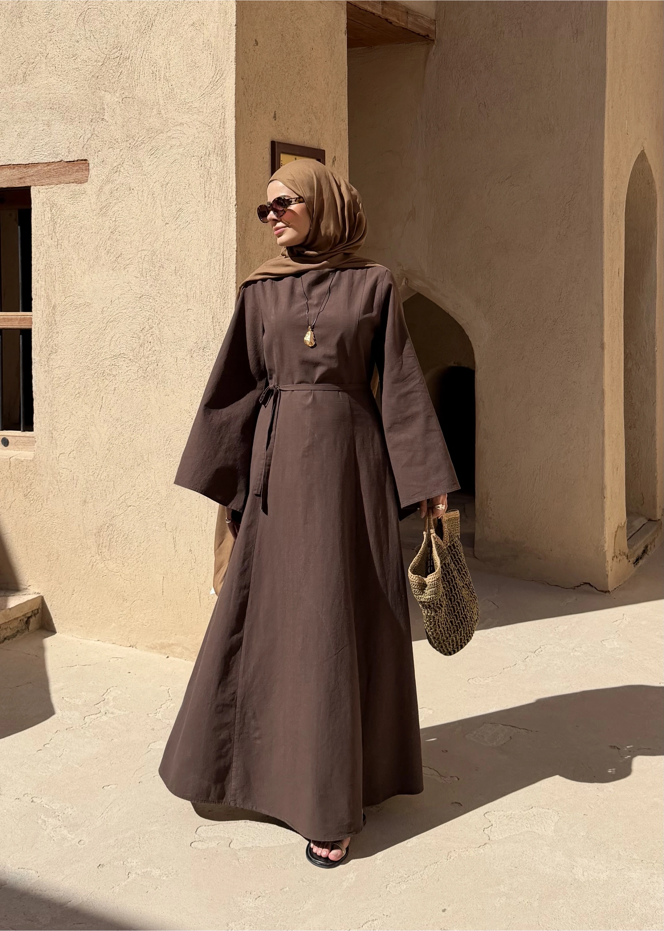 2360 ASİMETRİK GENİŞ KOL ELBİSE kahve