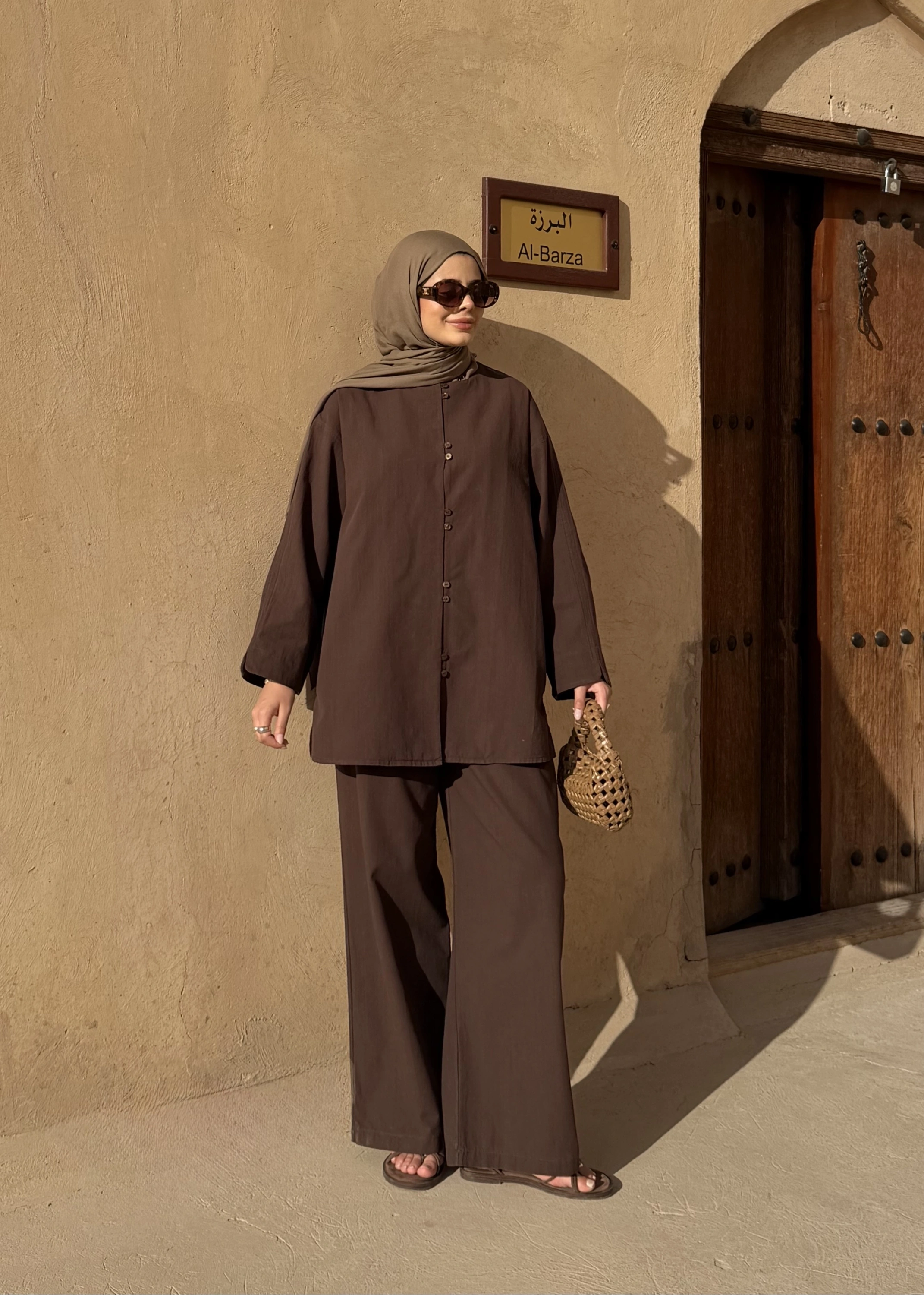 8977 MİNİK DÜĞME KETEN TAKIM kahve