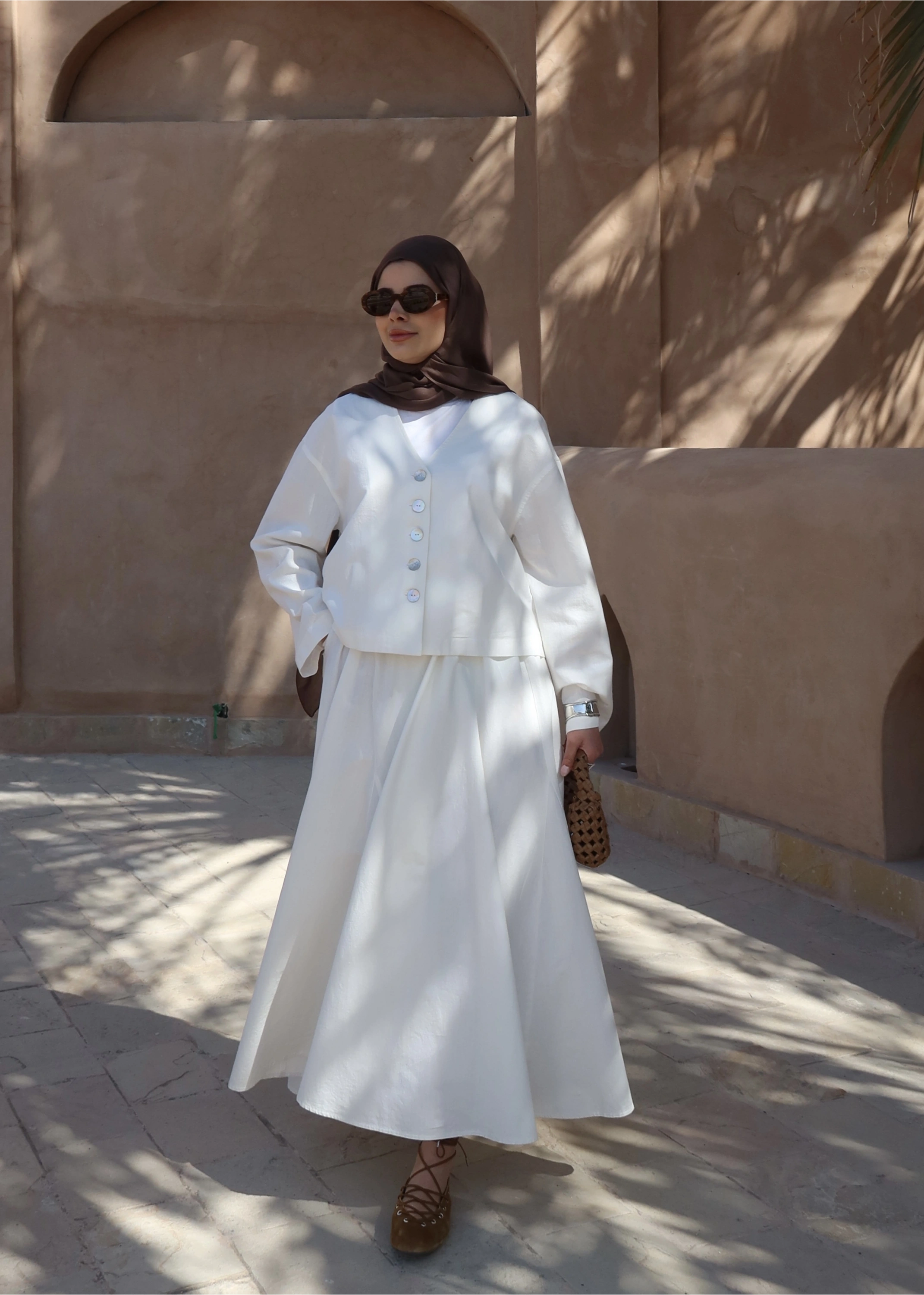 8998 DÜĞME TAŞLI KETEN TAKIM BEYAZ