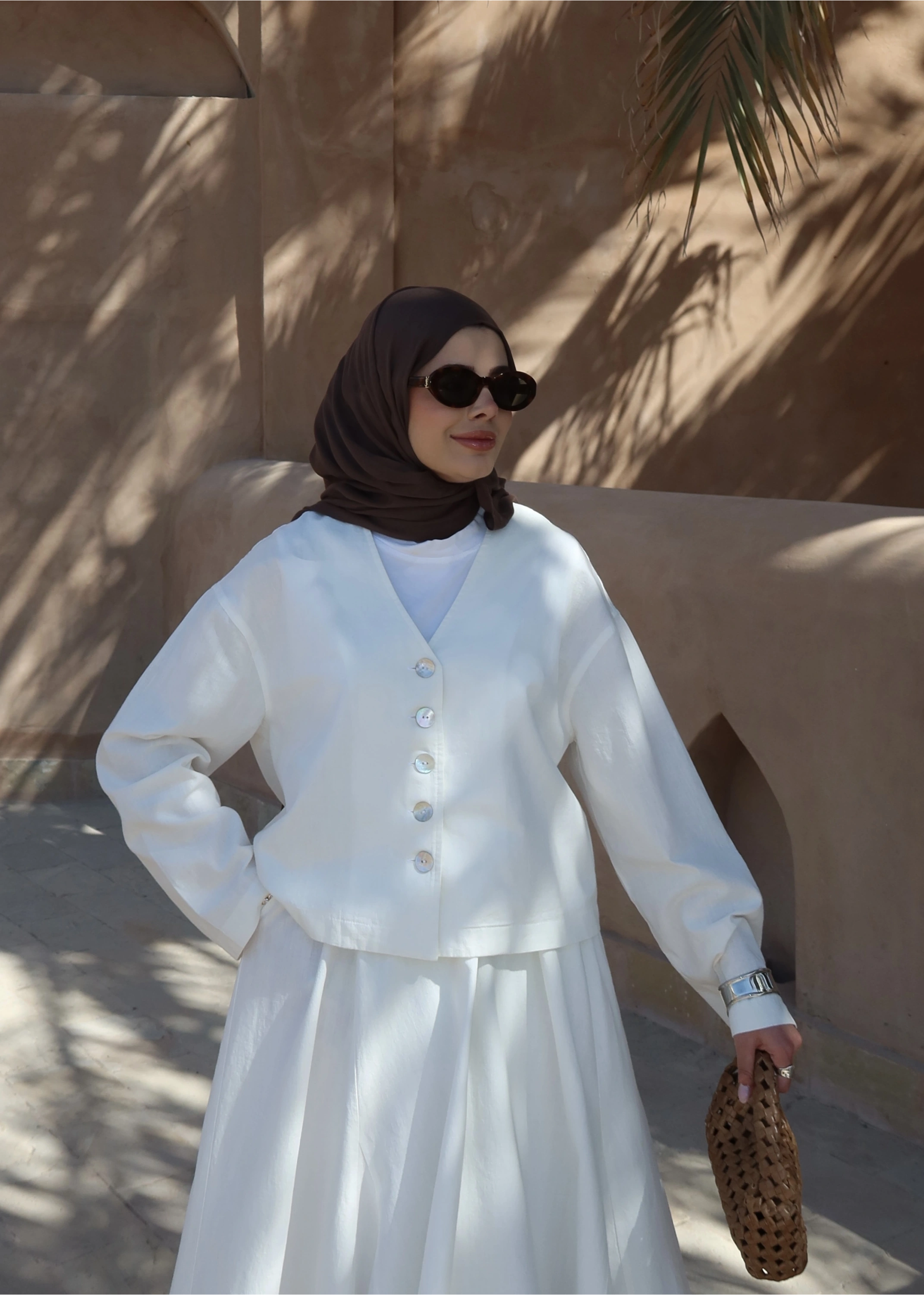 8998 DÜĞME TAŞLI KETEN TAKIM BEYAZ