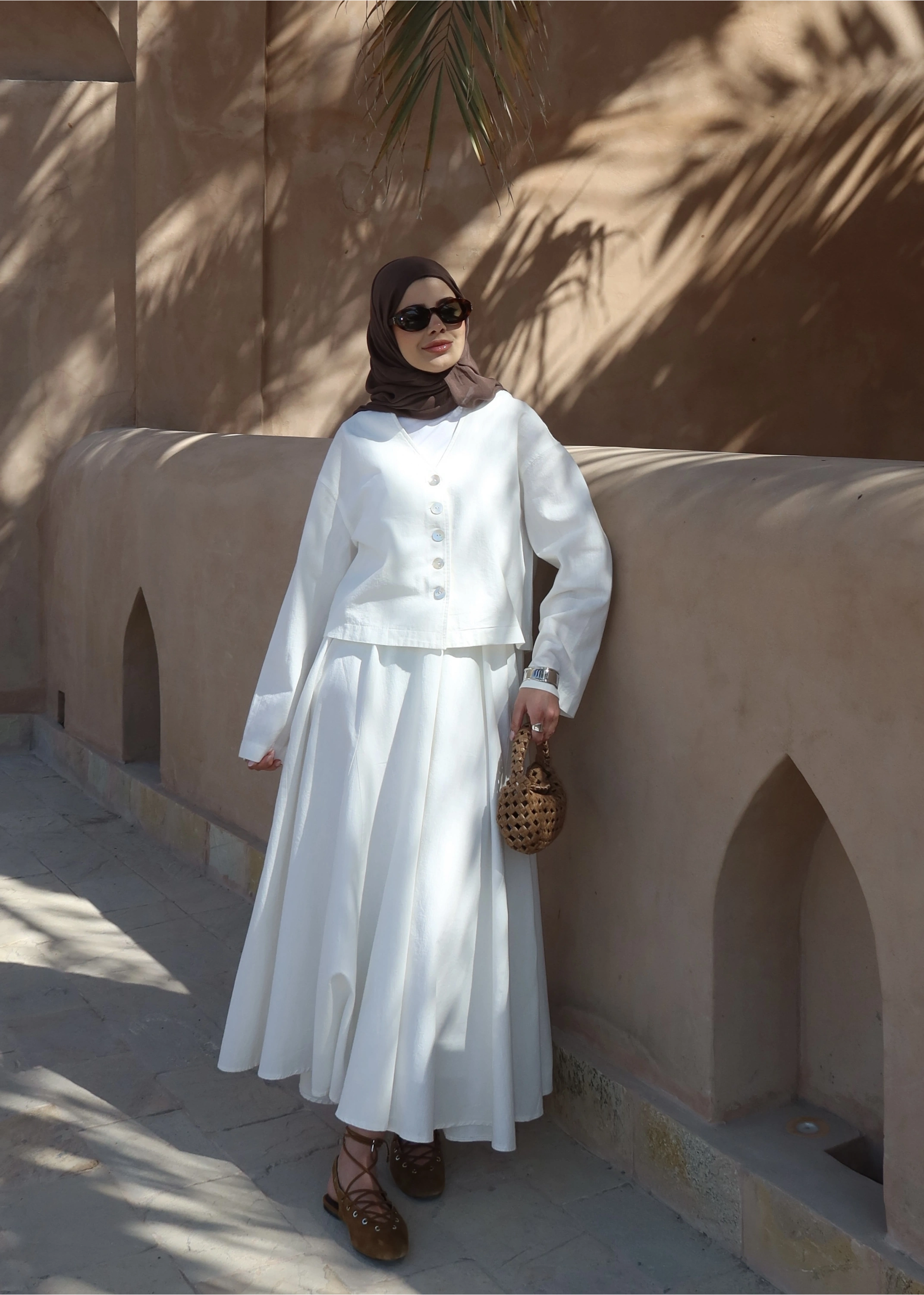 8998 DÜĞME TAŞLI KETEN TAKIM BEYAZ