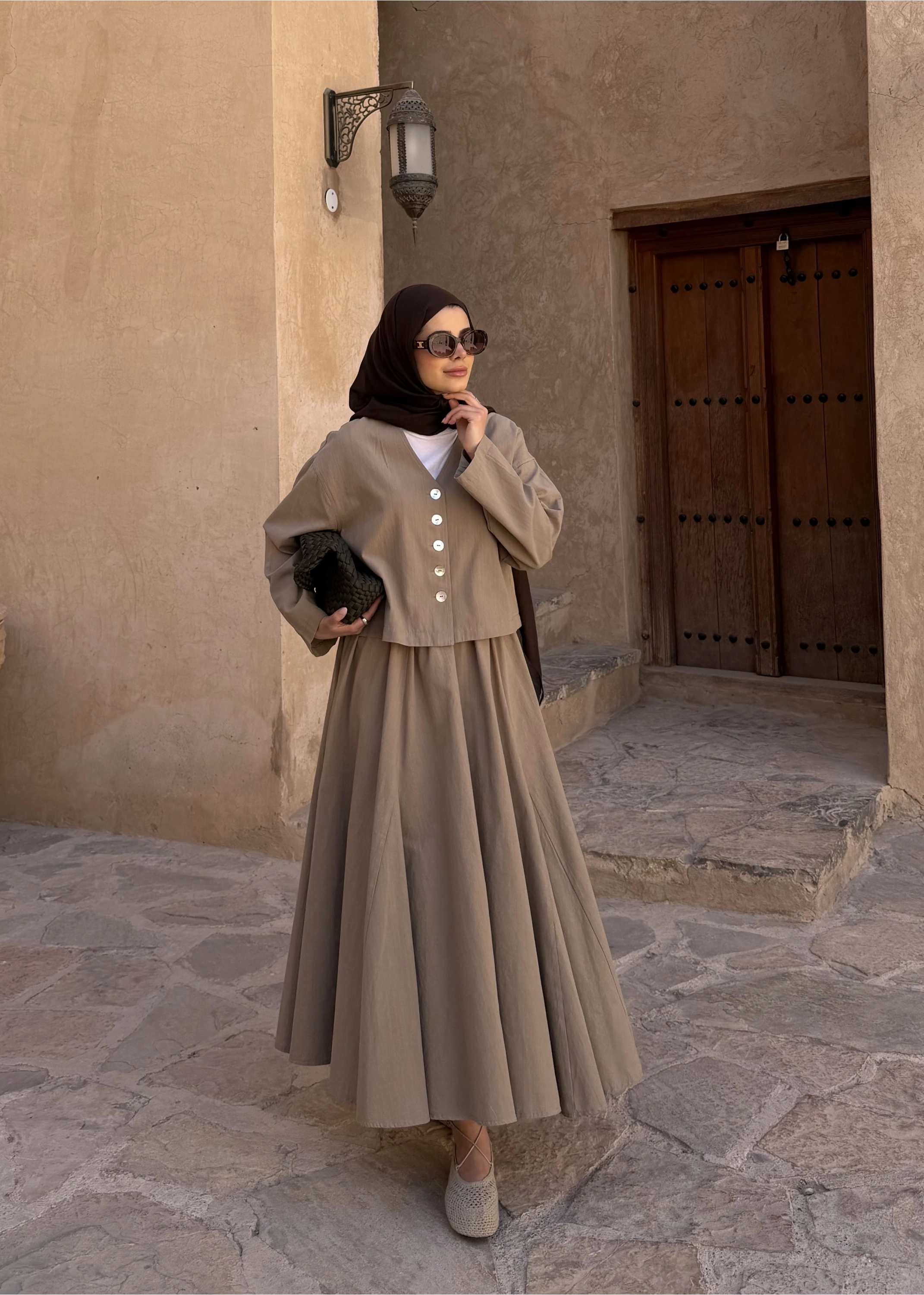 8998 DÜĞME TAŞLI KETEN TAKIM bej