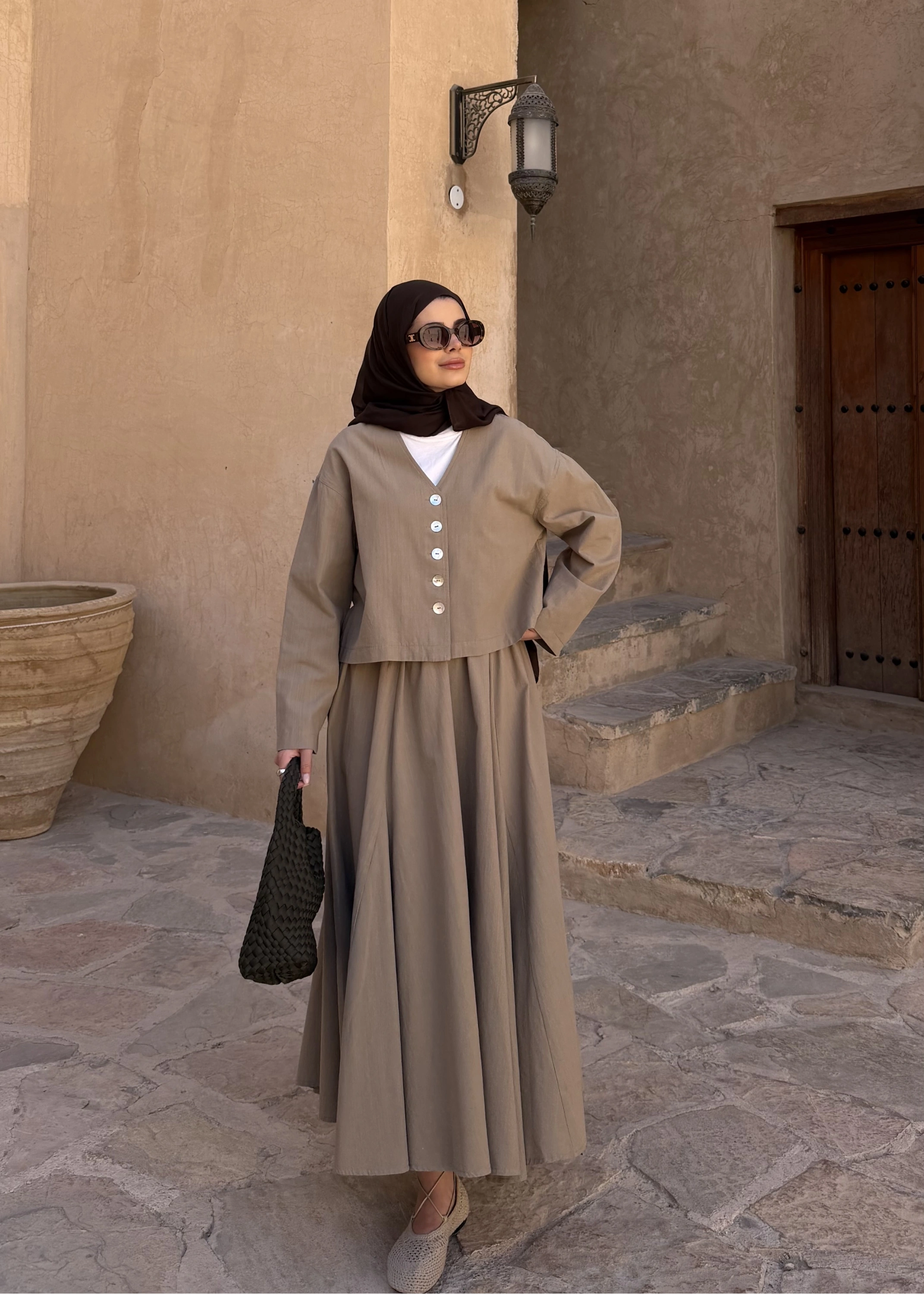 8998 DÜĞME TAŞLI KETEN TAKIM bej