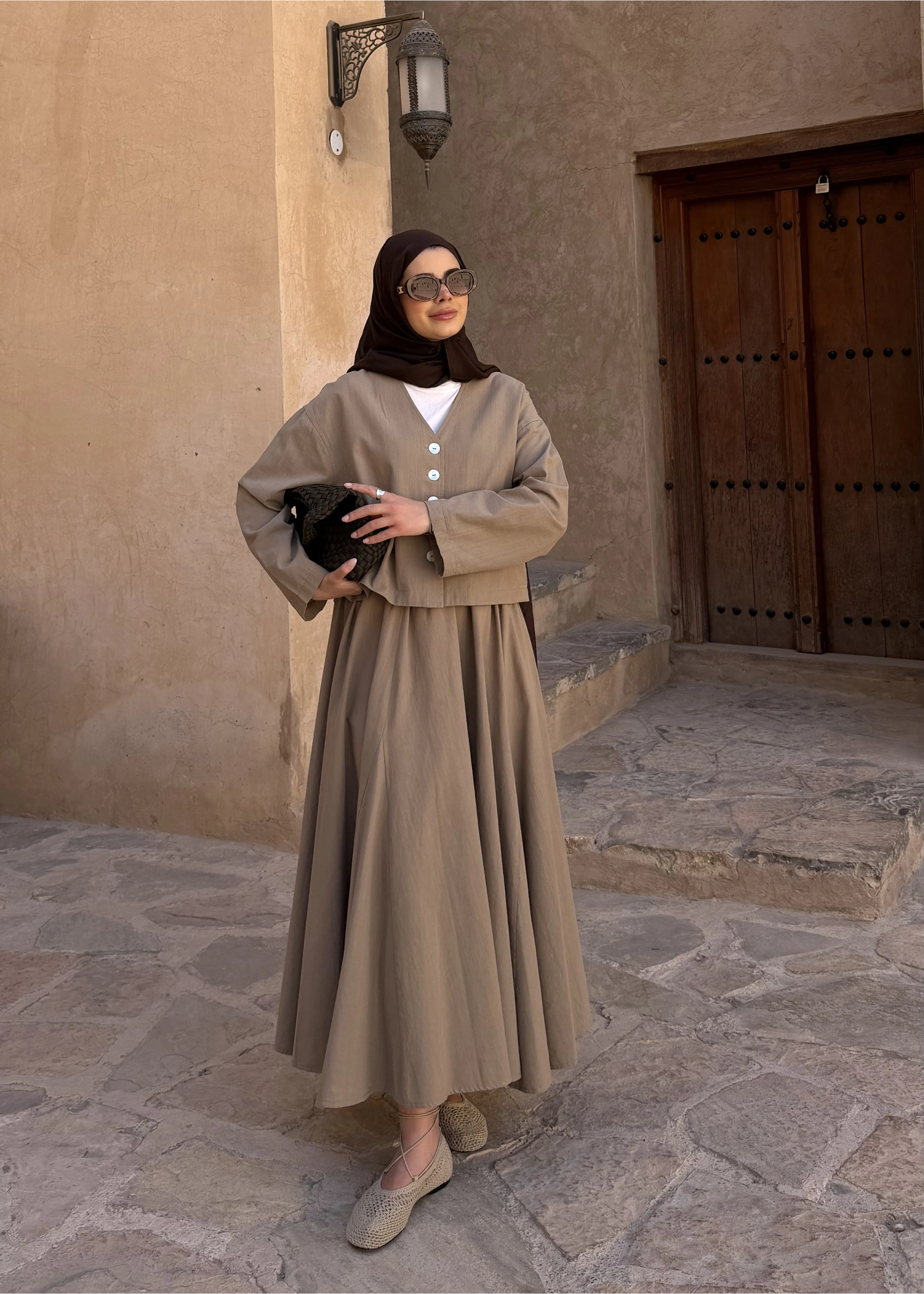 8998 DÜĞME TAŞLI KETEN TAKIM bej