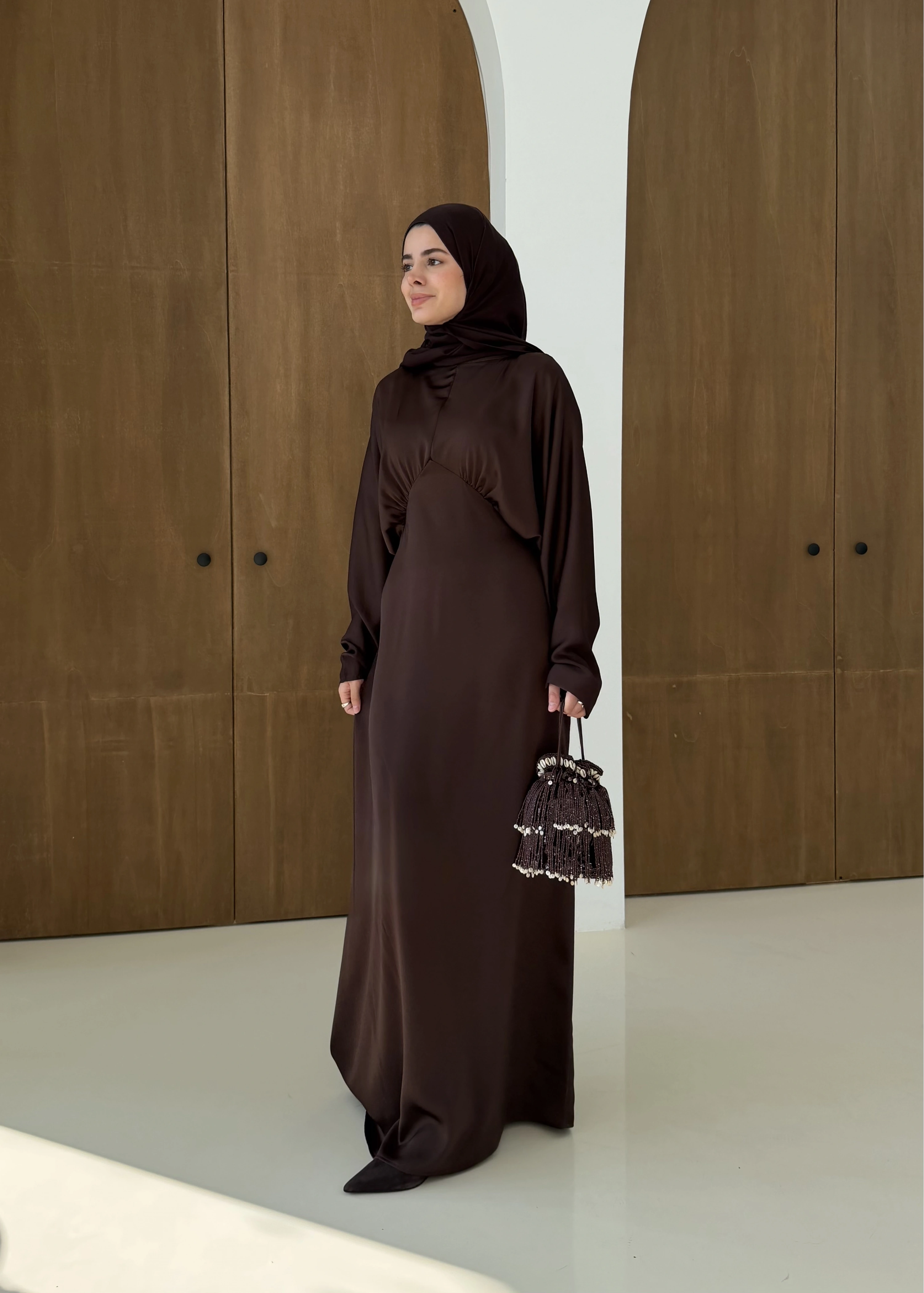 BELDETAY SATEN ELBİSE SU YOLU KAHVE