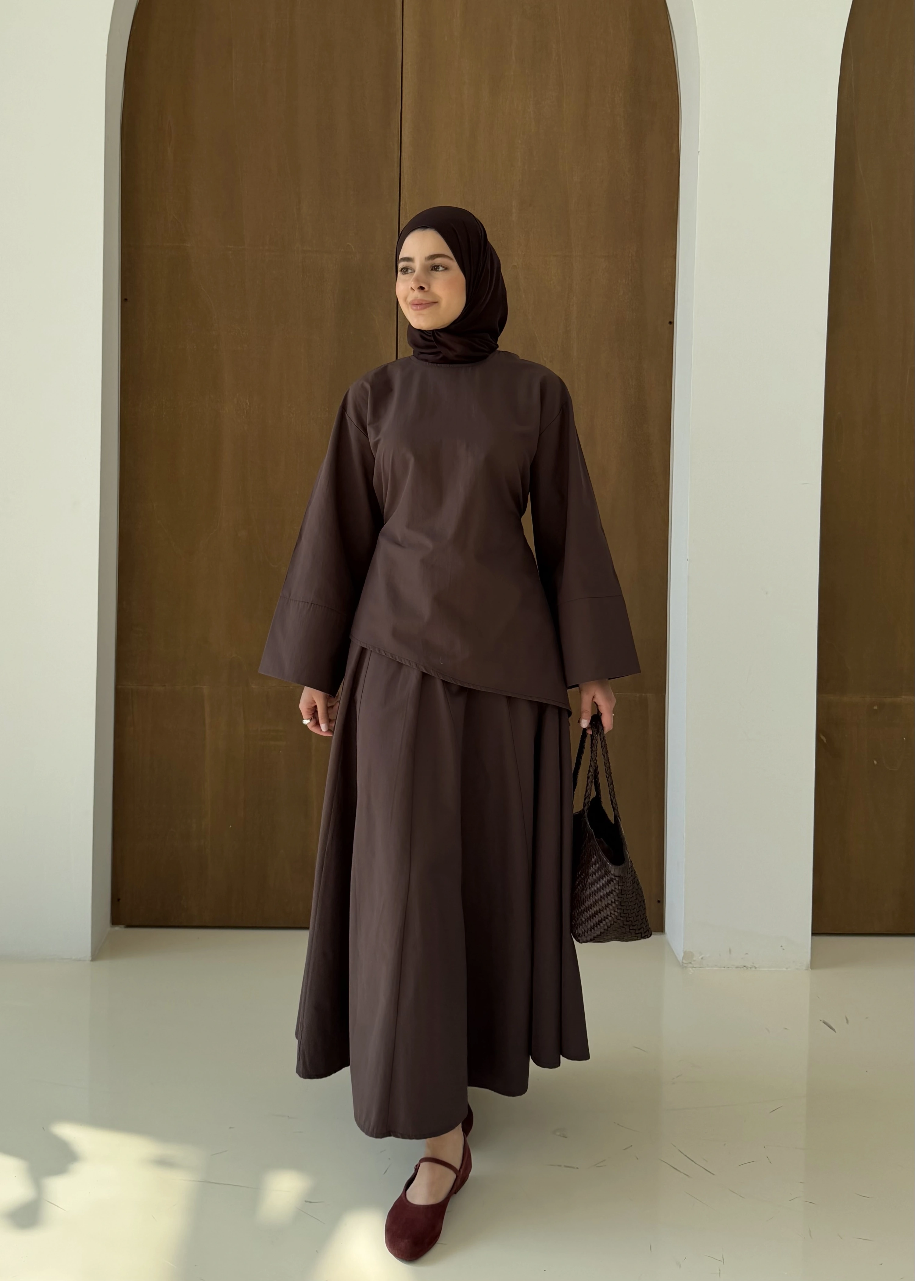 6025 BELDEN BAĞLAMA POPLİN ETEKLİ TAKIM KAHVE