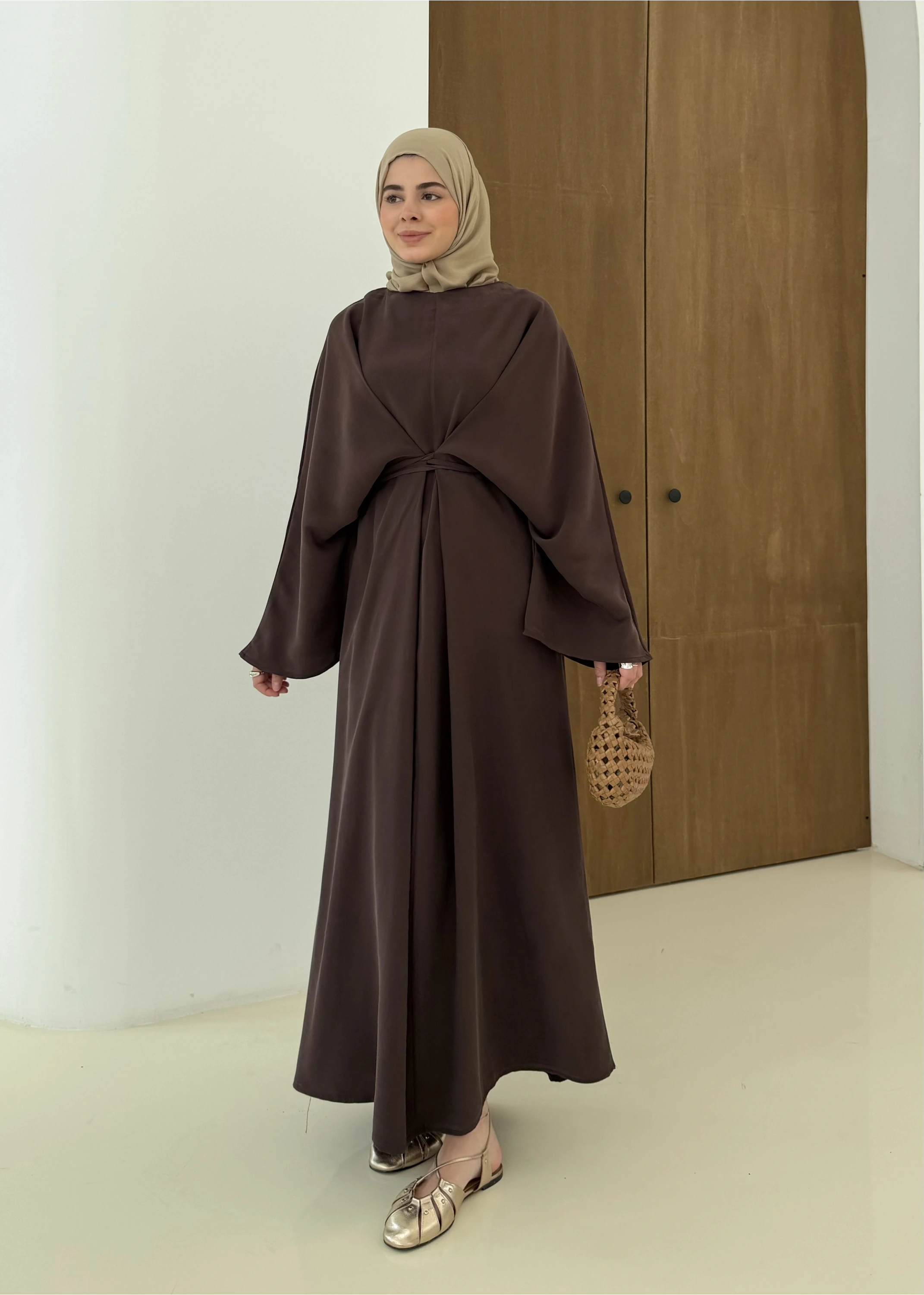 CH YANDAN BAĞLAMALI ZARİF ELBİSE kahve