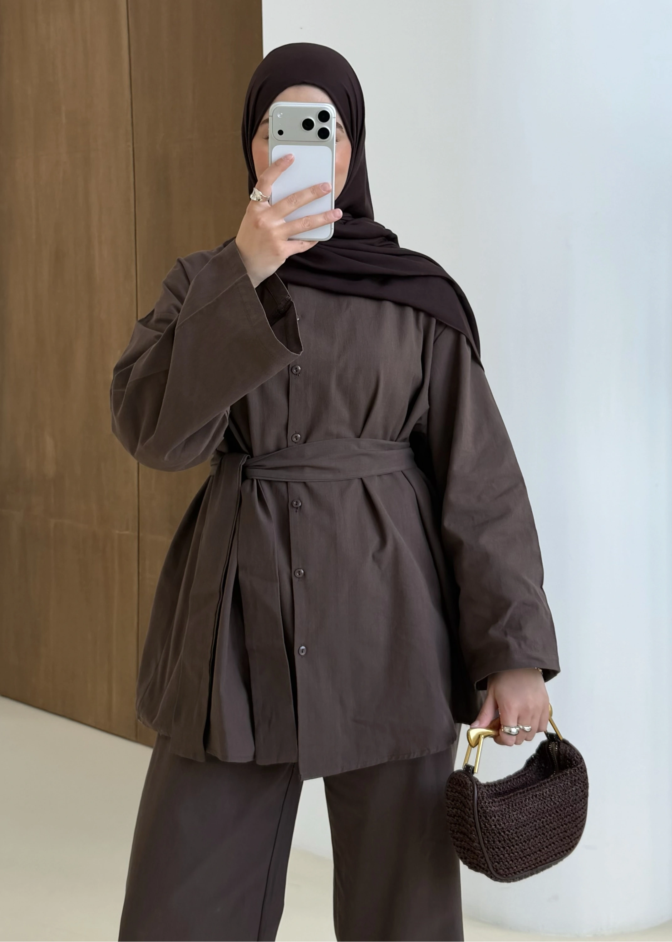 61870 KUŞAKLI KETEN TAKIM kahve