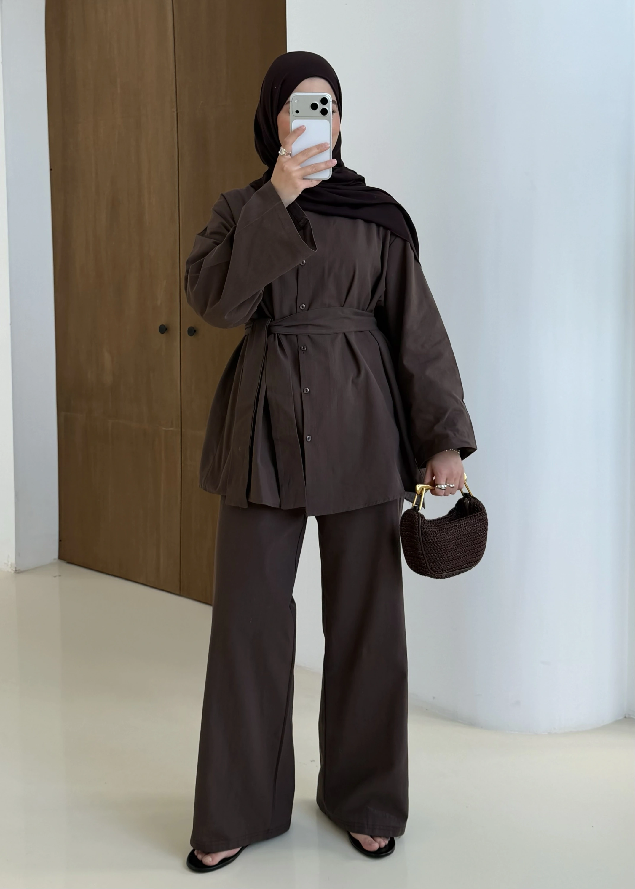 61870 KUŞAKLI KETEN TAKIM kahve