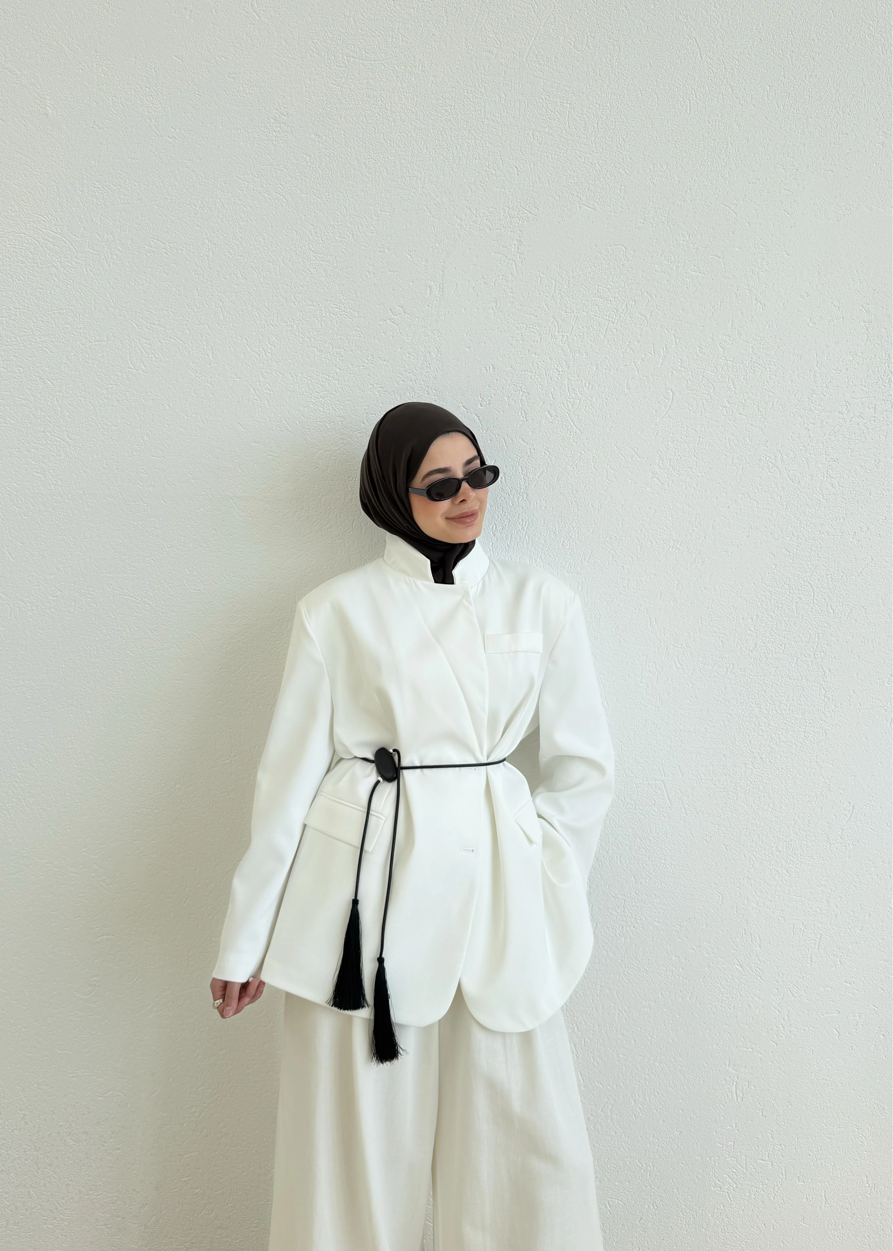 7437 Oversize Premium Astarlı Blazer__ BEYAZ