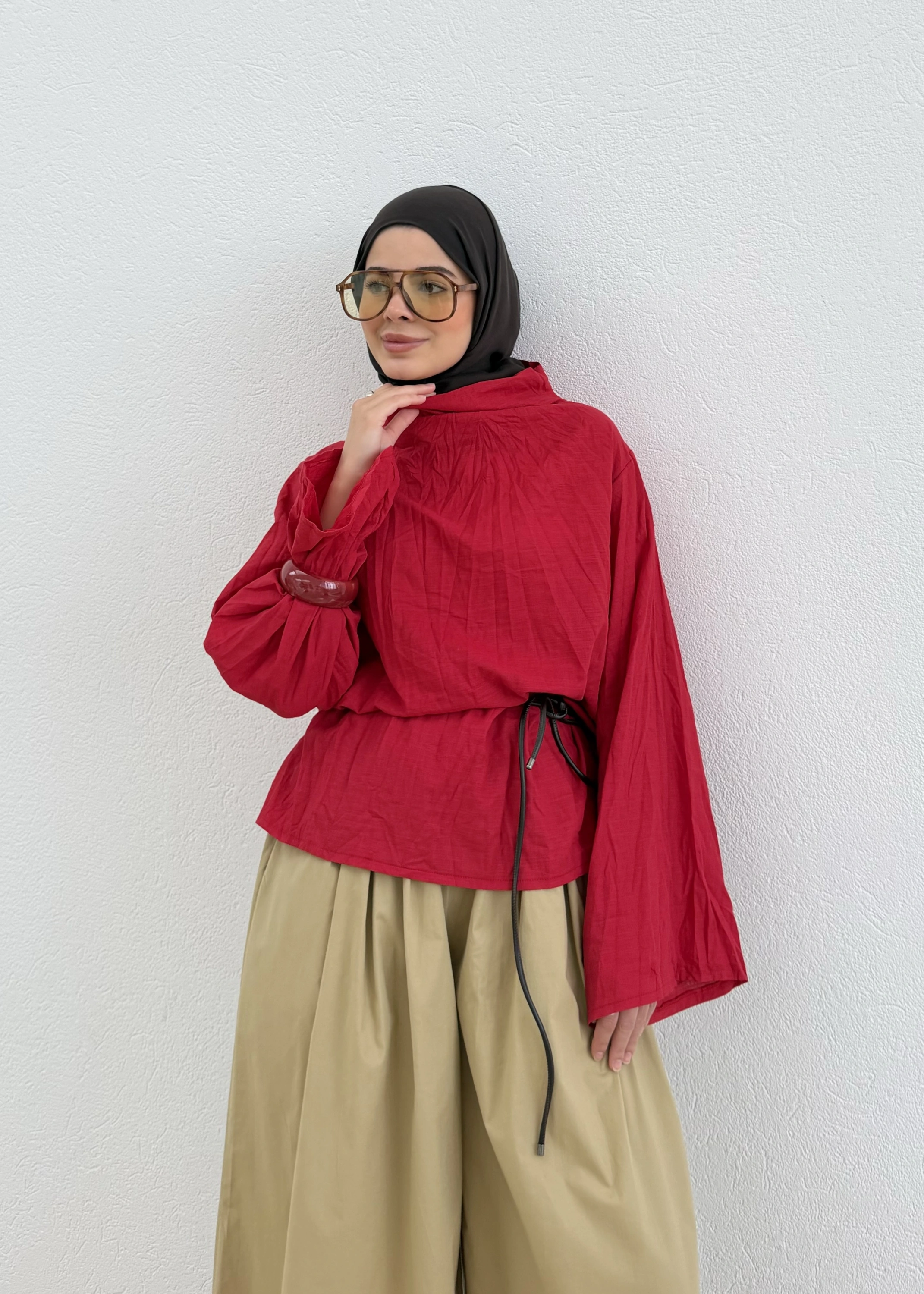 262067 CRUSH KETEN DİK YAKA GÖMLEK KIRMIZI