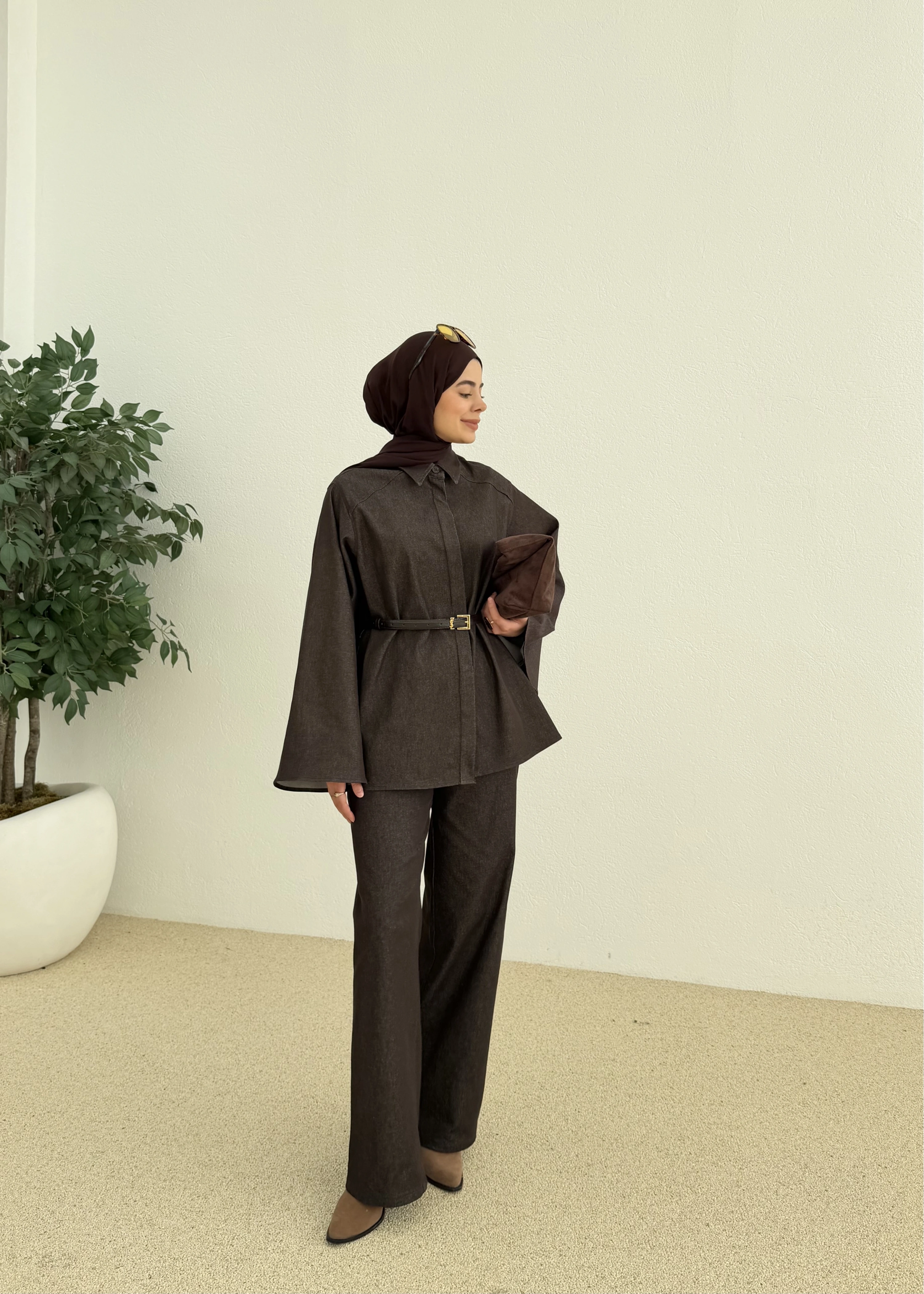 8917 YARASA KOL TUNİK TAKIM KAHVE