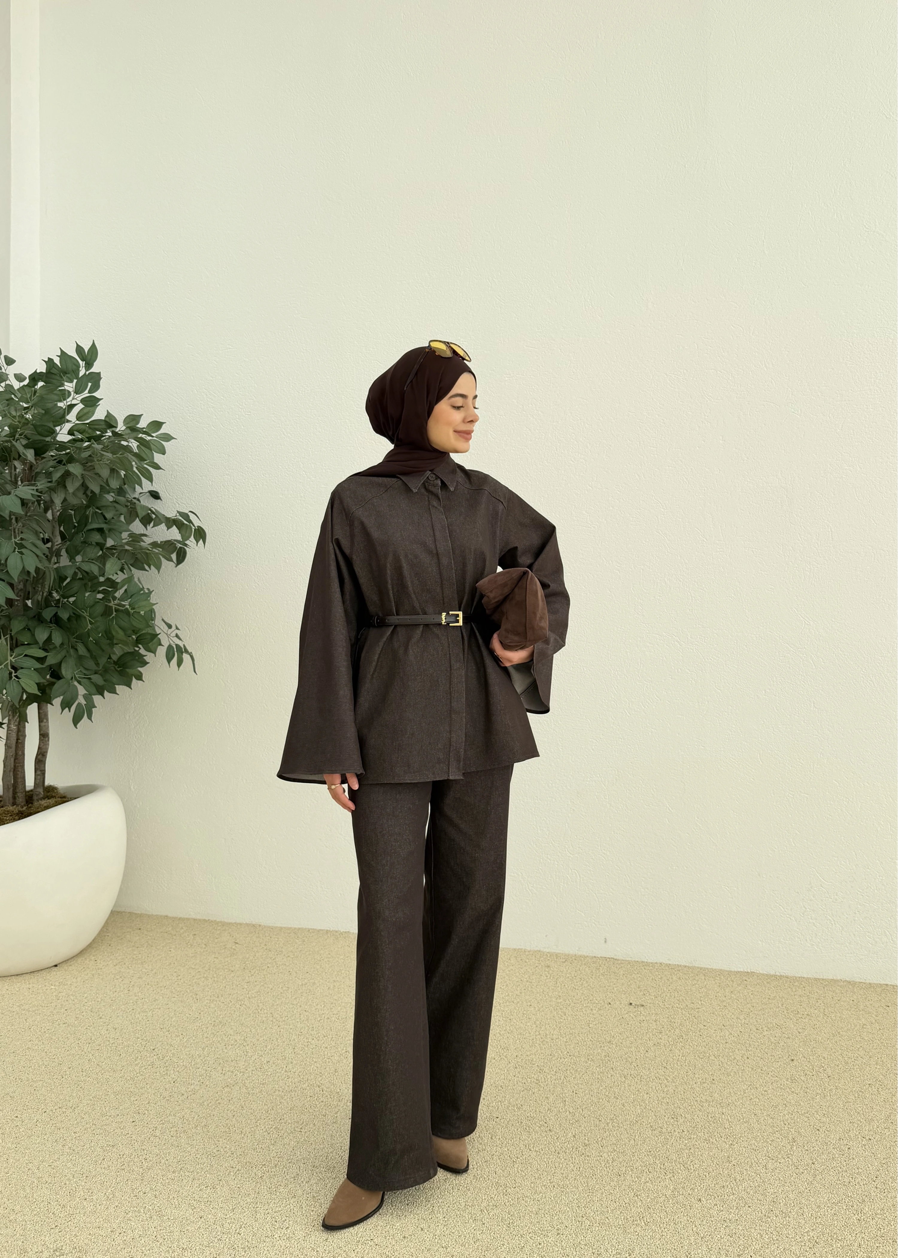 8917 YARASA KOL TUNİK TAKIM KAHVE