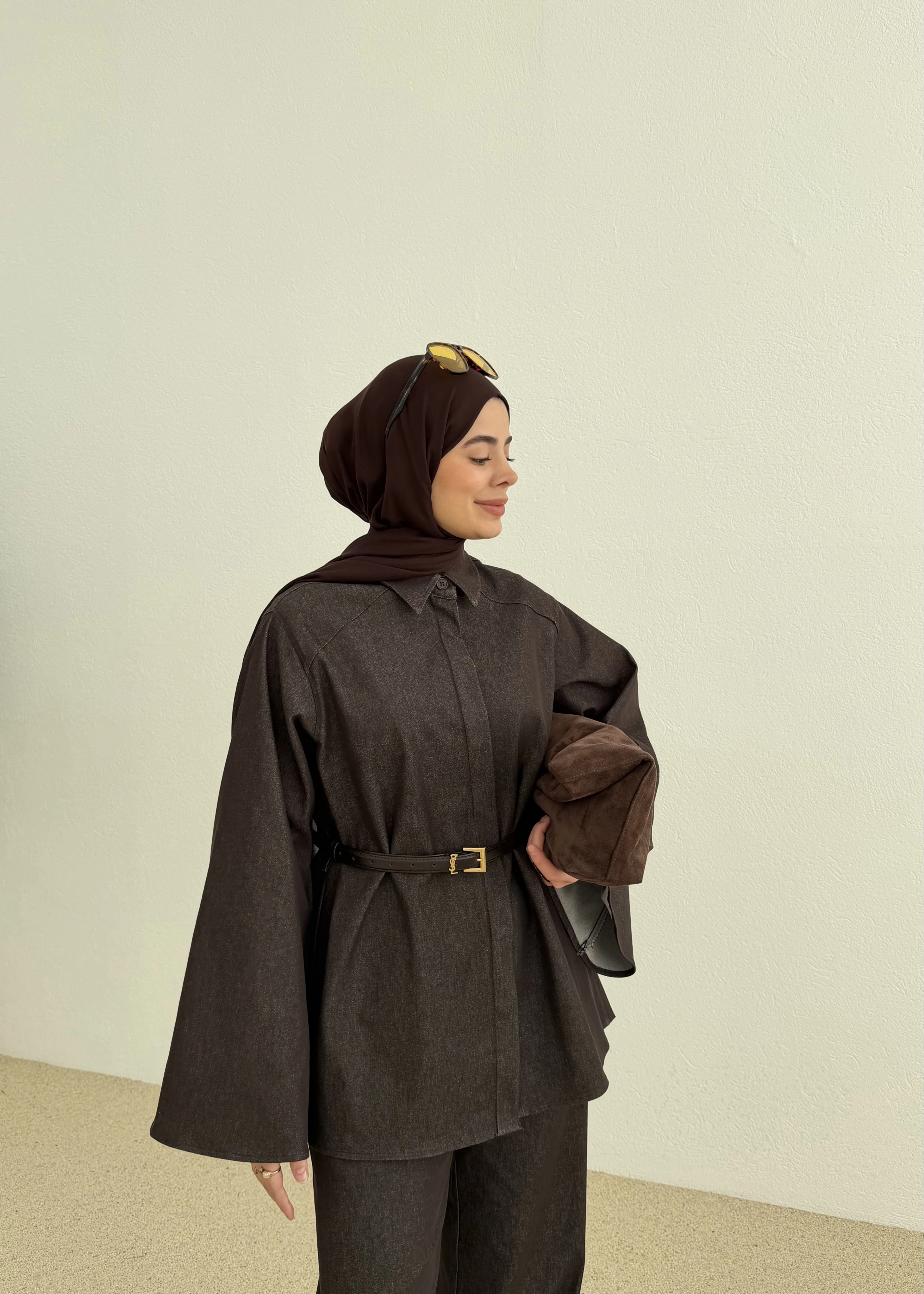 8917 YARASA KOL TUNİK TAKIM KAHVE