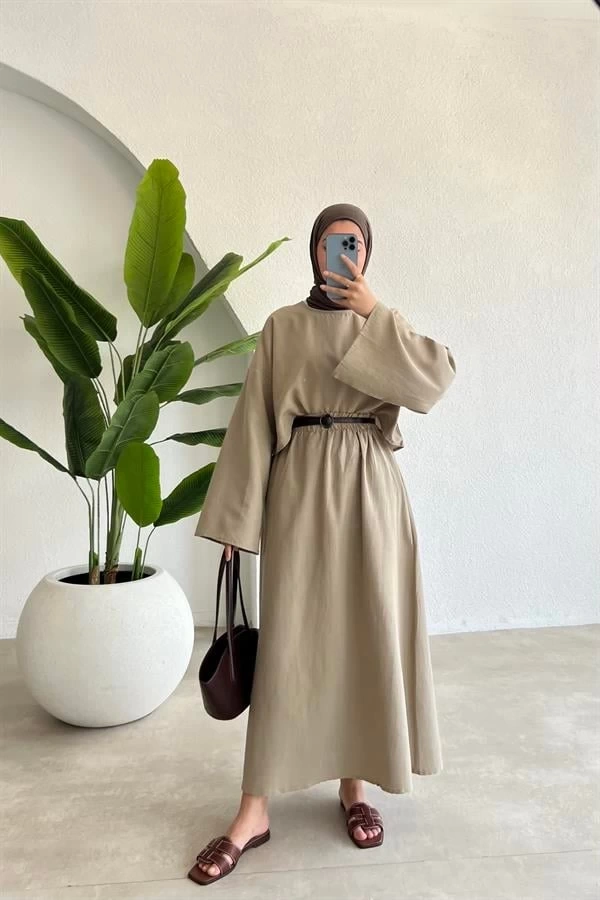 ALİS %100 HAM KETEN ETEKLİ TAKIM Bej