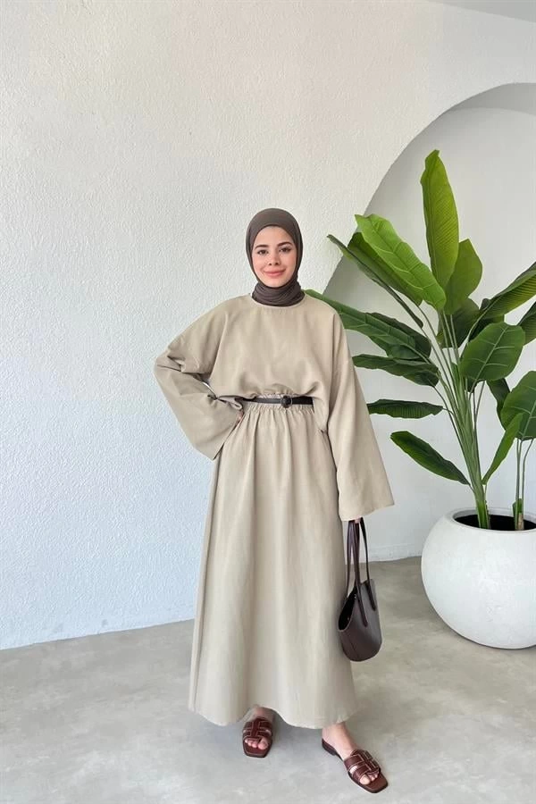 ALİS %100 HAM KETEN ETEKLİ TAKIM Bej