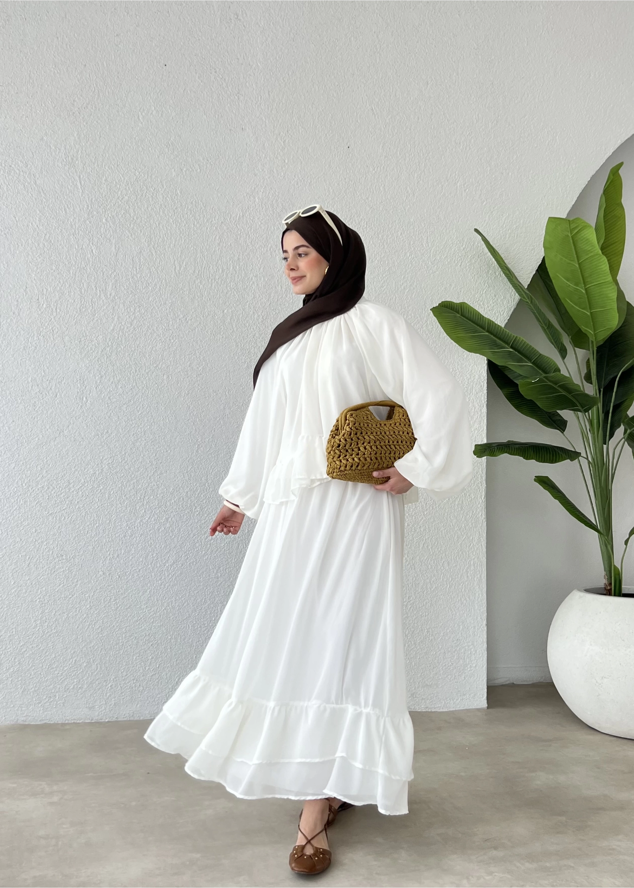 Astarlı Şifon eteklı takım ekru