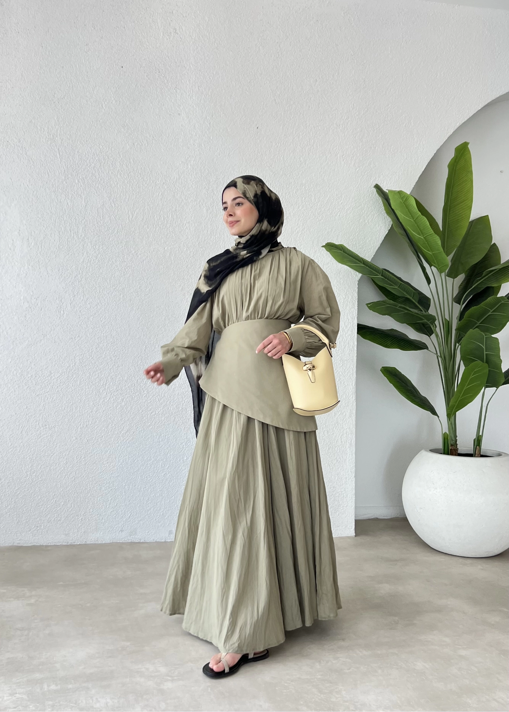 BEL FULARLI VUAL ELBİSE YEŞİL