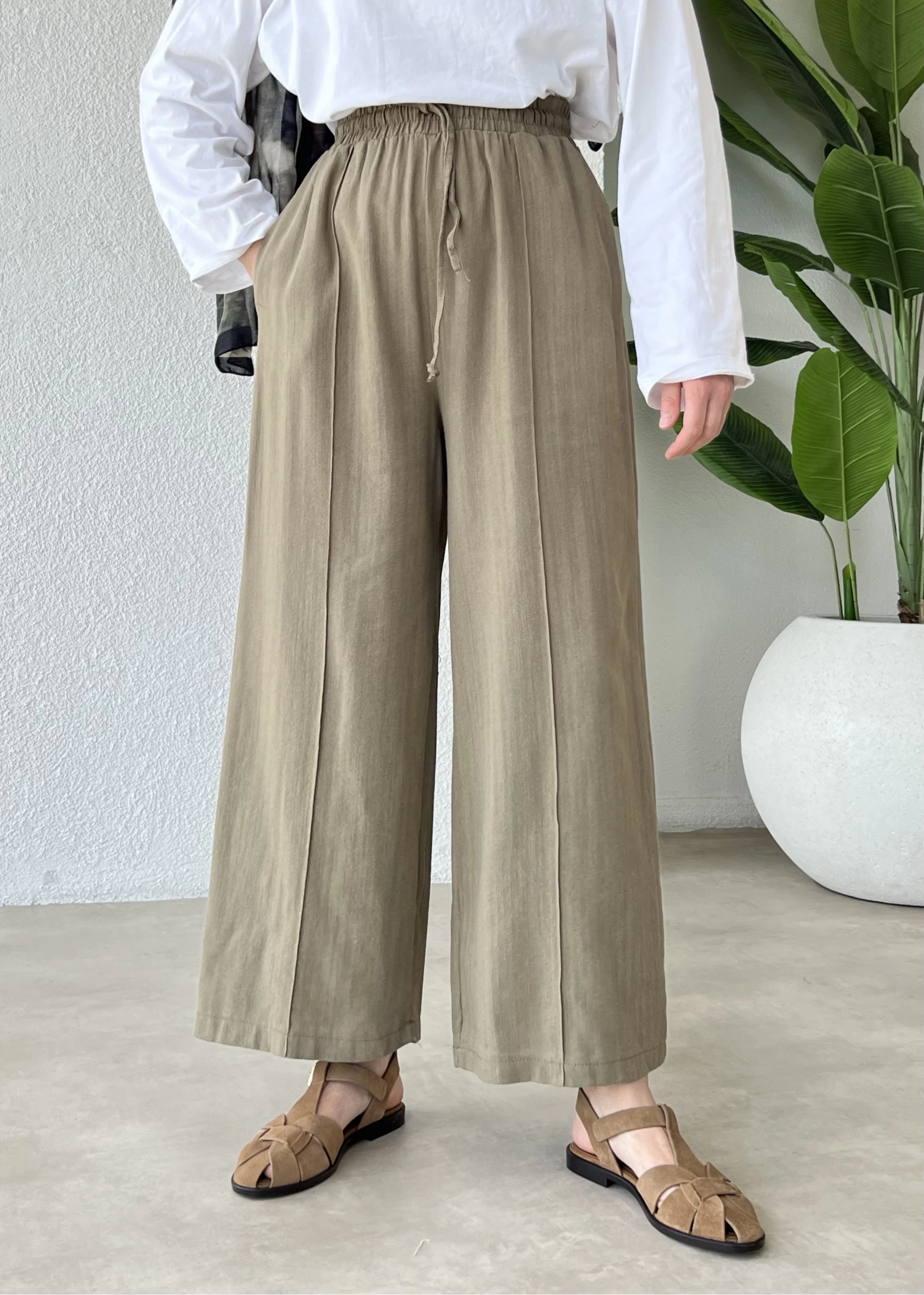Çımalı bilekte keten pantolon HAKİ