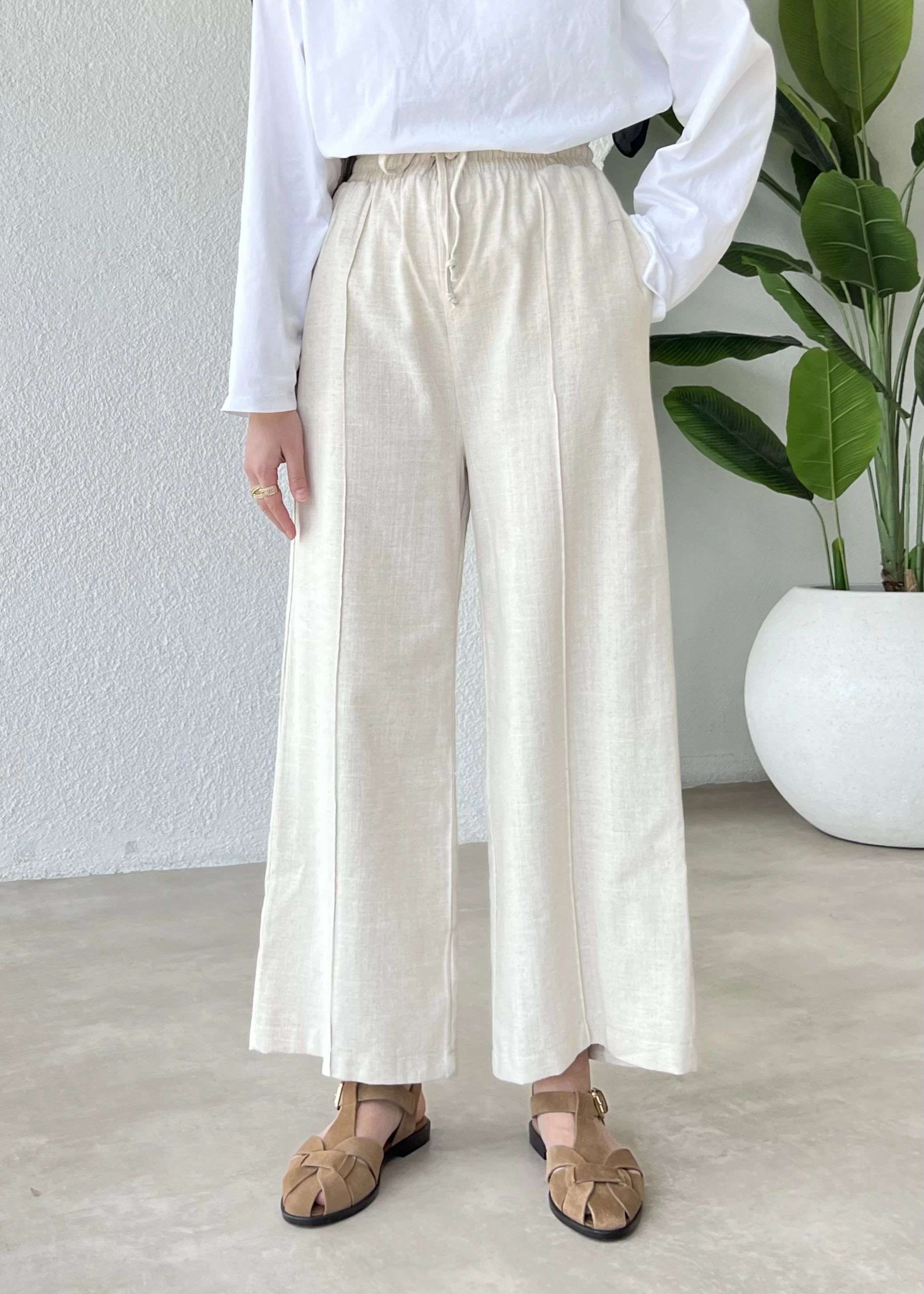 Çımalı bilekte keten pantolon NATUR