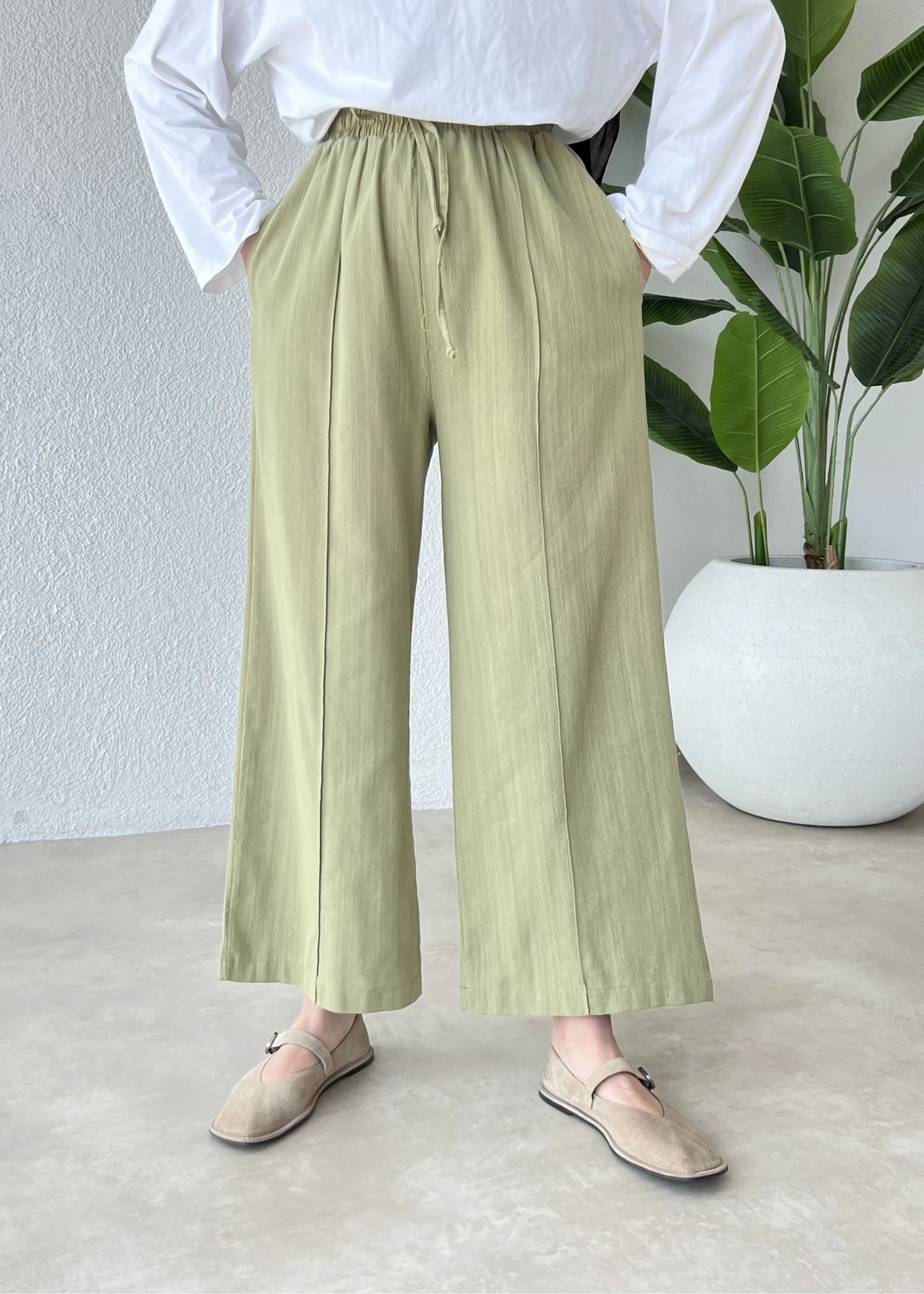 Çımalı bilekte keten pantolon YEŞİL