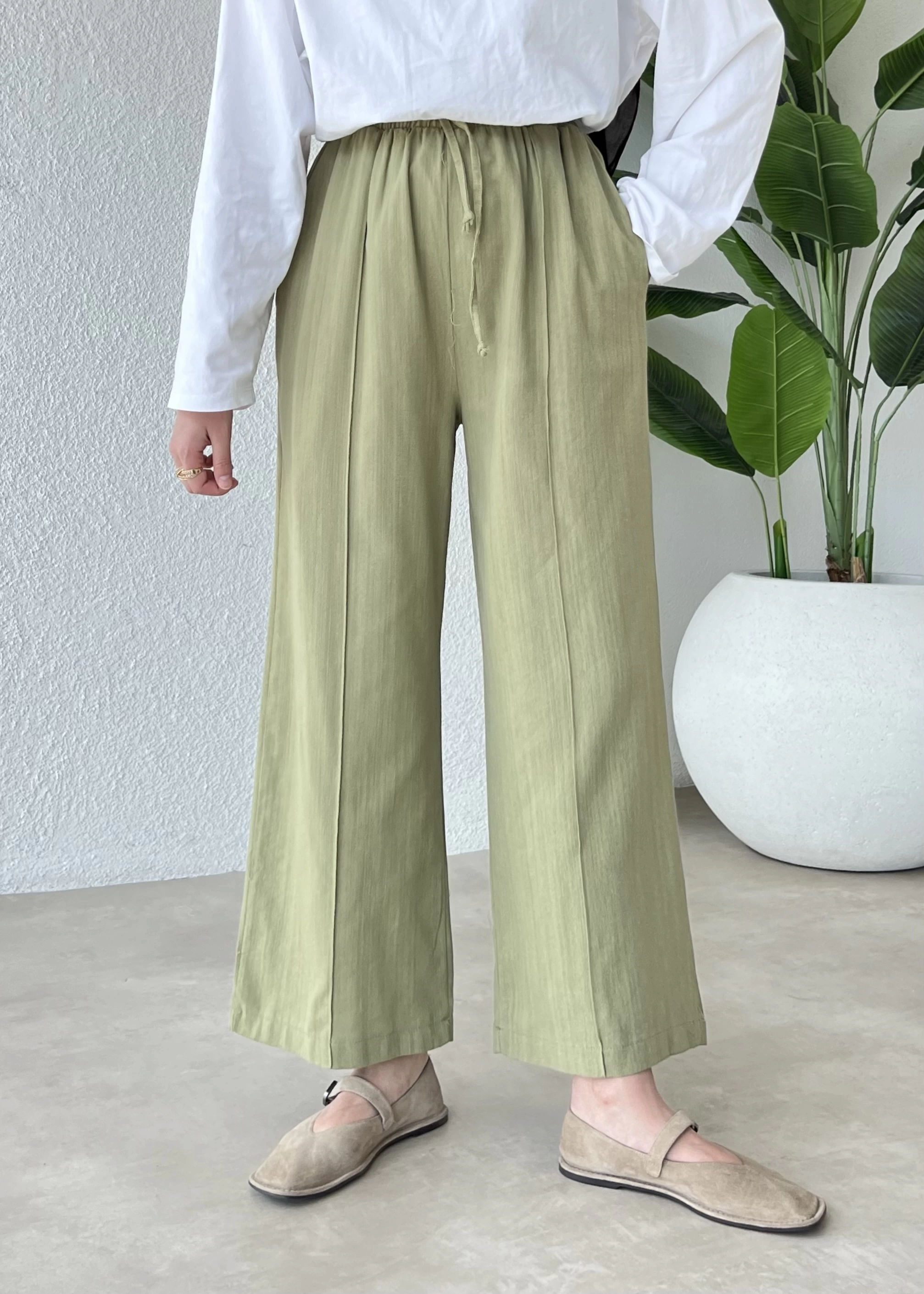 Çımalı bilekte keten pantolon YEŞİL