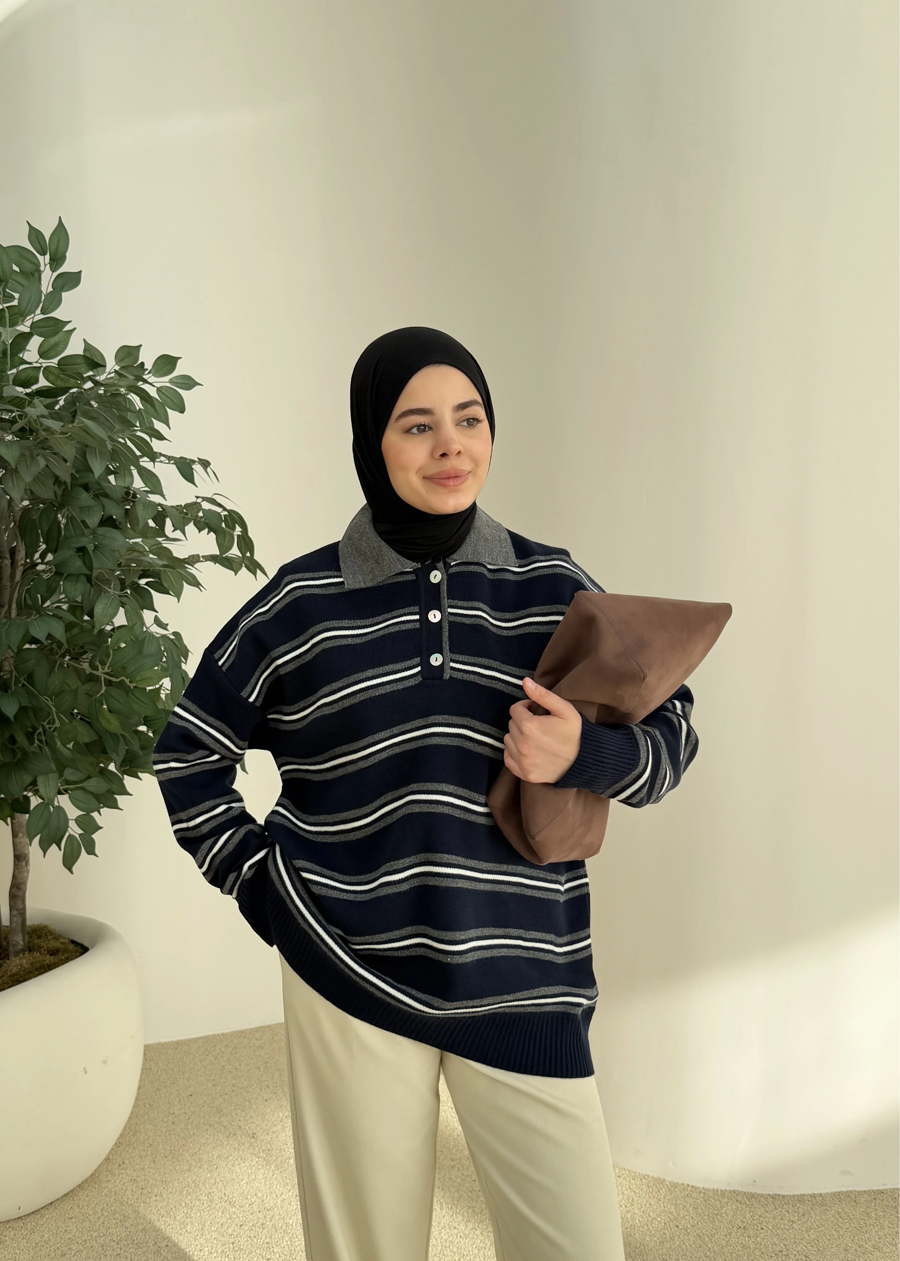 ÇİZGİLİ TRİKO KAZAK lacivert