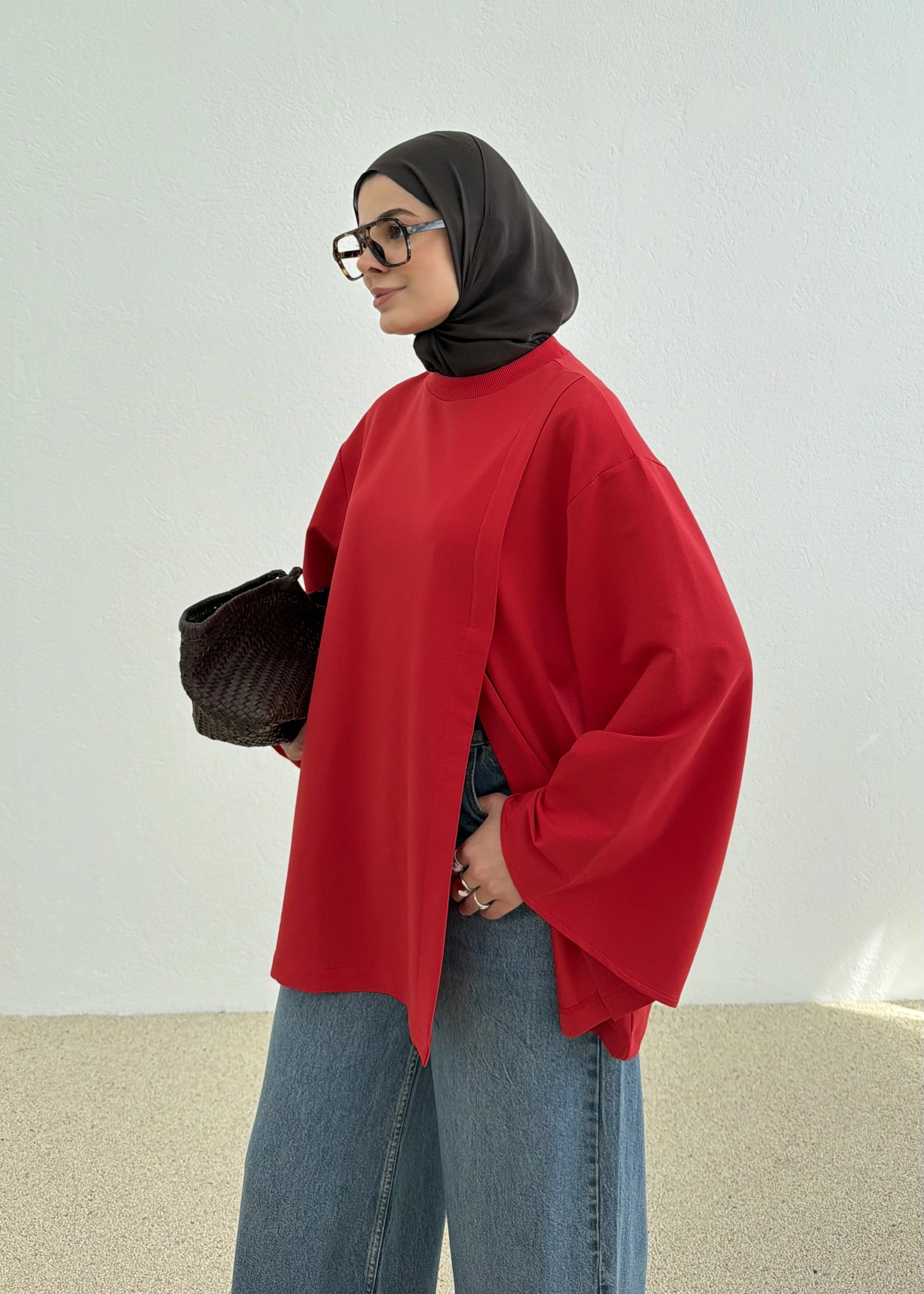 DERİN YIRTMAÇ SWEAT BLUZ kırmızı