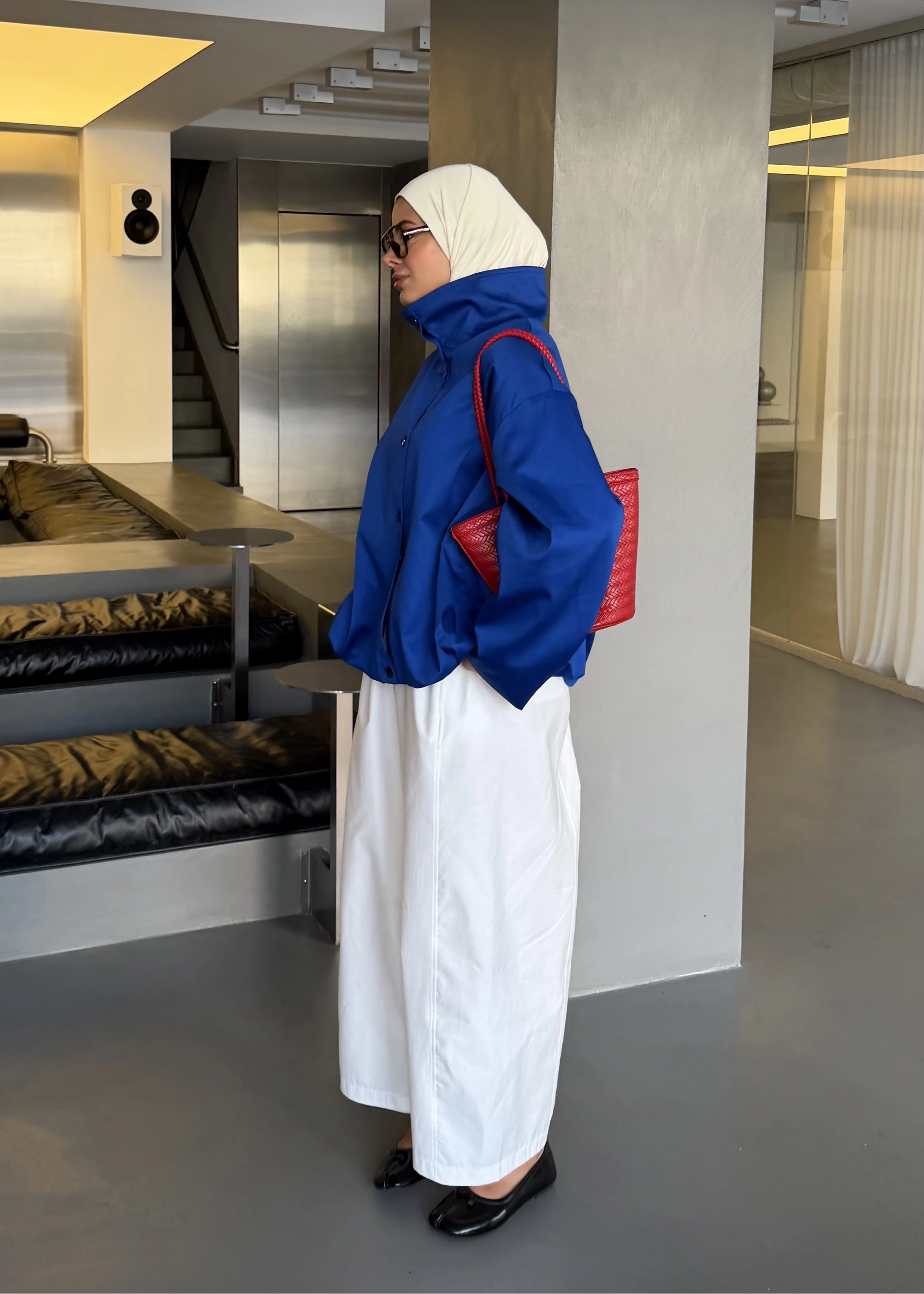 DİK YAKA DÜĞMELİ BOMBER CEKET SAKS MAVİ