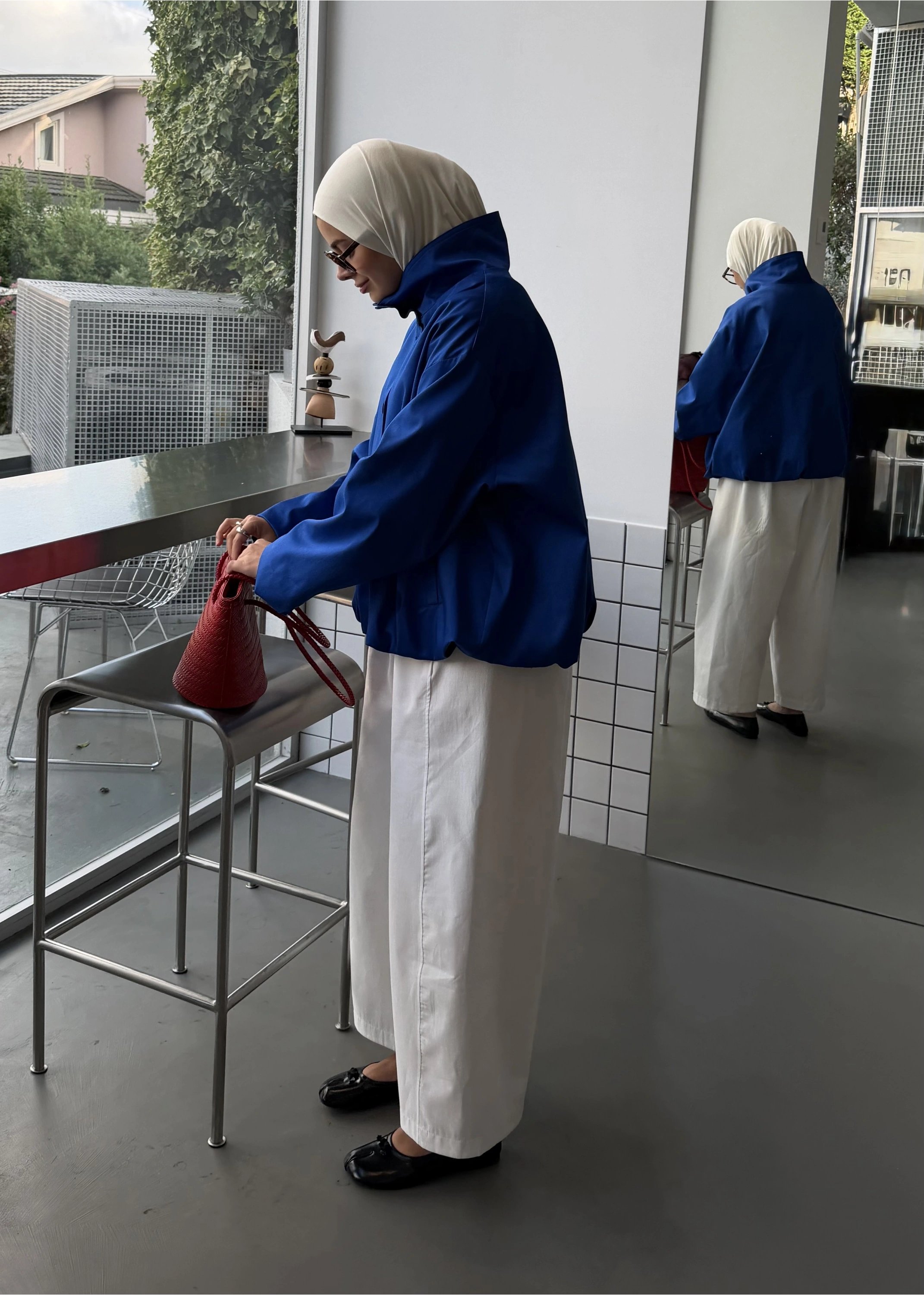DİK YAKA DÜĞMELİ BOMBER CEKET SAKS MAVİ