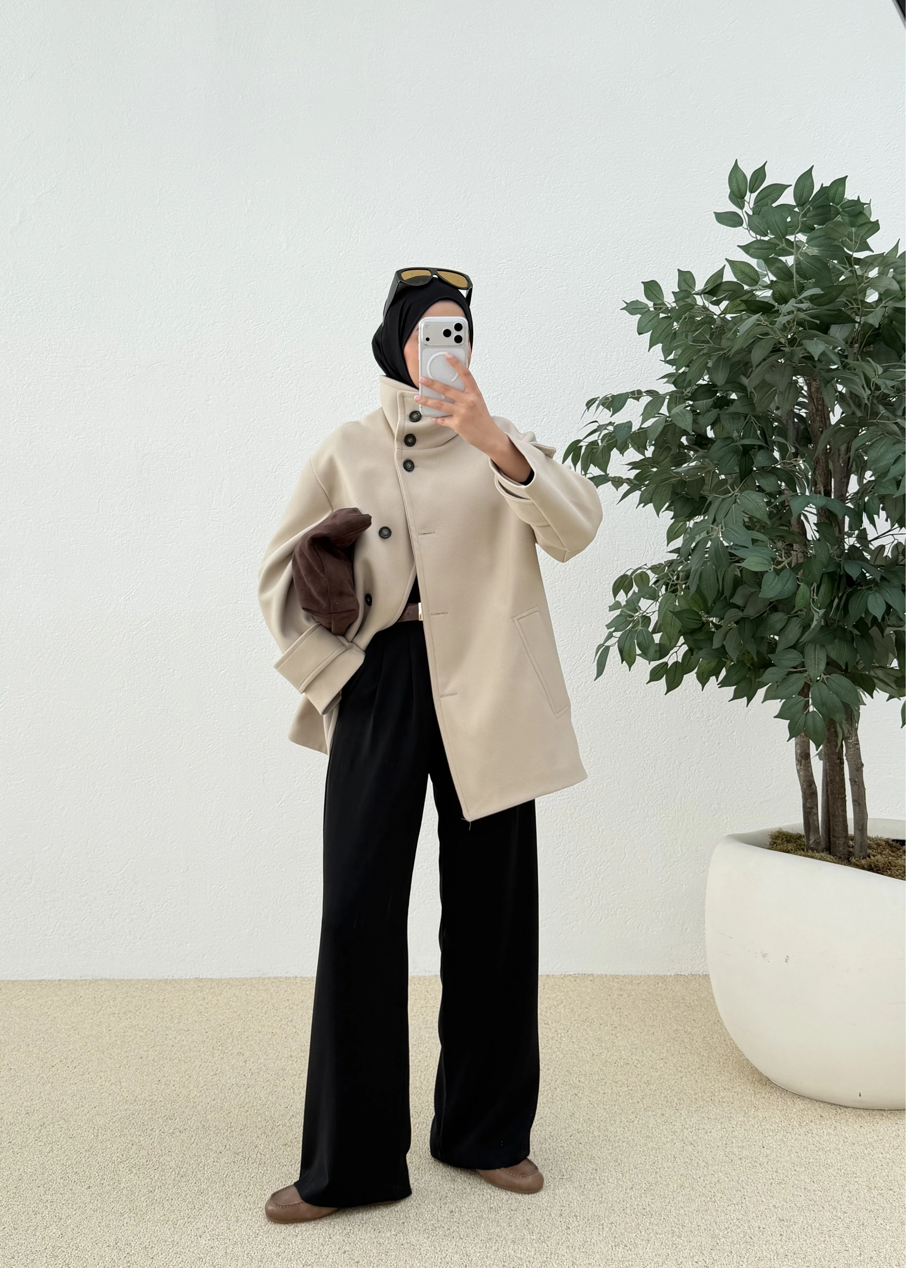 DİK YAKA KAŞE KABAN bej