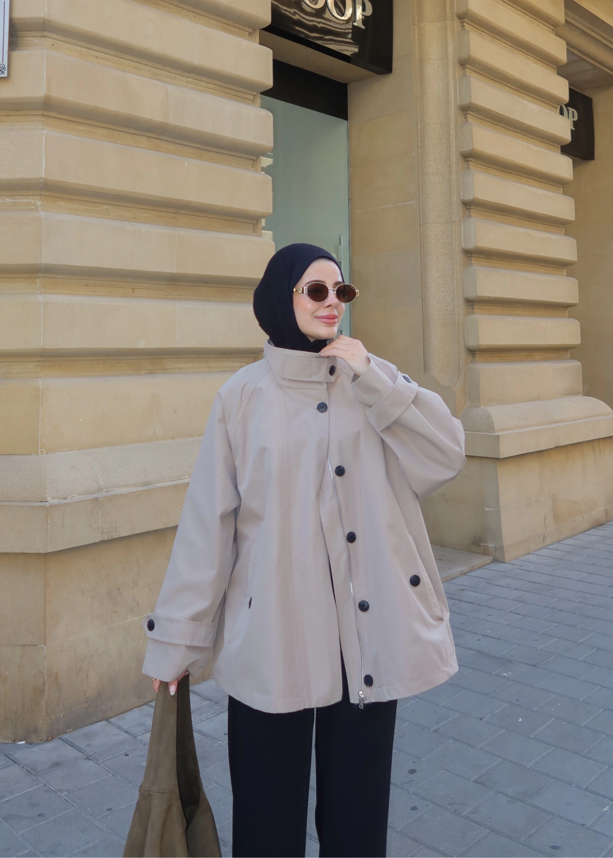 DİK YAKA TRENÇKOT ASTARLI bej