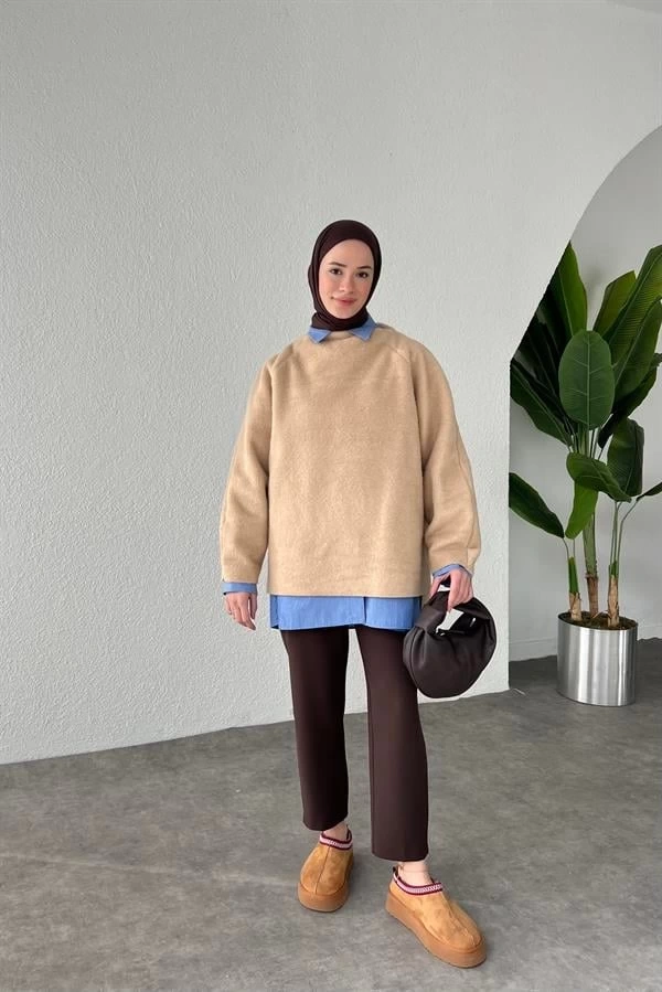 DOKULU TASARIM SWEAT KARAMEL