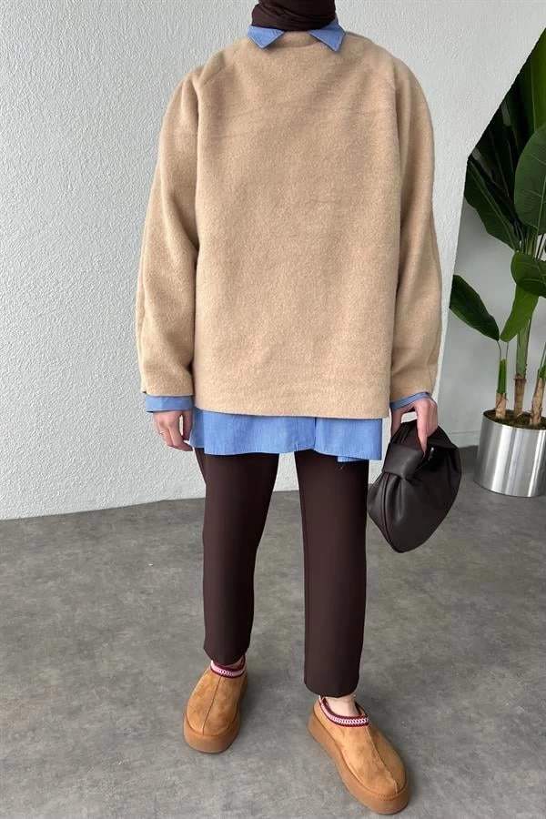 DOKULU TASARIM SWEAT KARAMEL