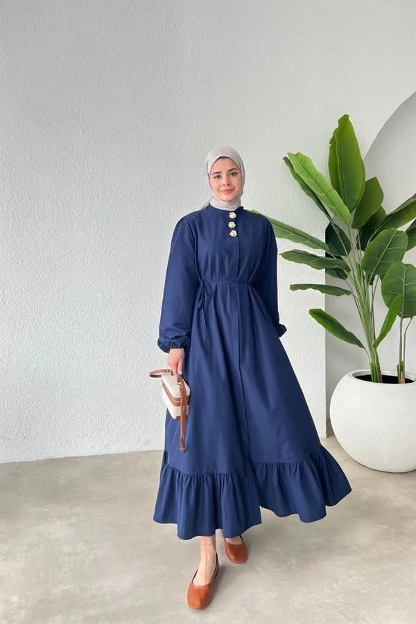 GOLD ÖNDEN DÜĞMELİ ELBİSE LACİVERT