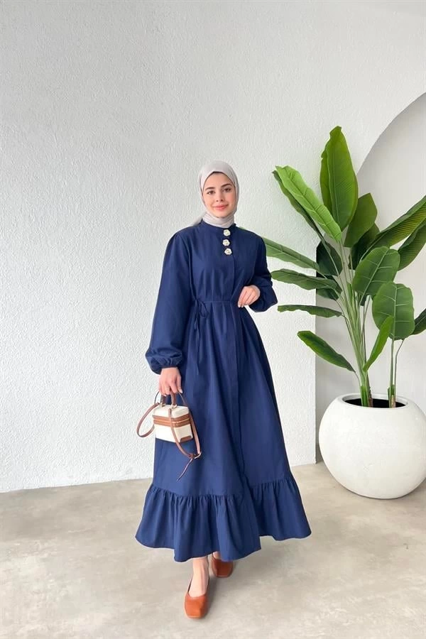 GOLD ÖNDEN DÜĞMELİ ELBİSE LACİVERT