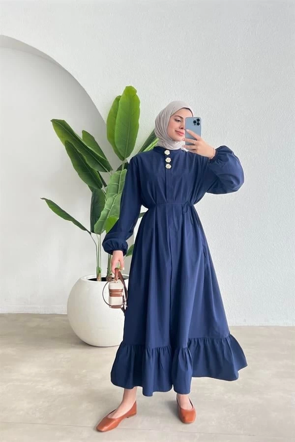 GOLD ÖNDEN DÜĞMELİ ELBİSE LACİVERT
