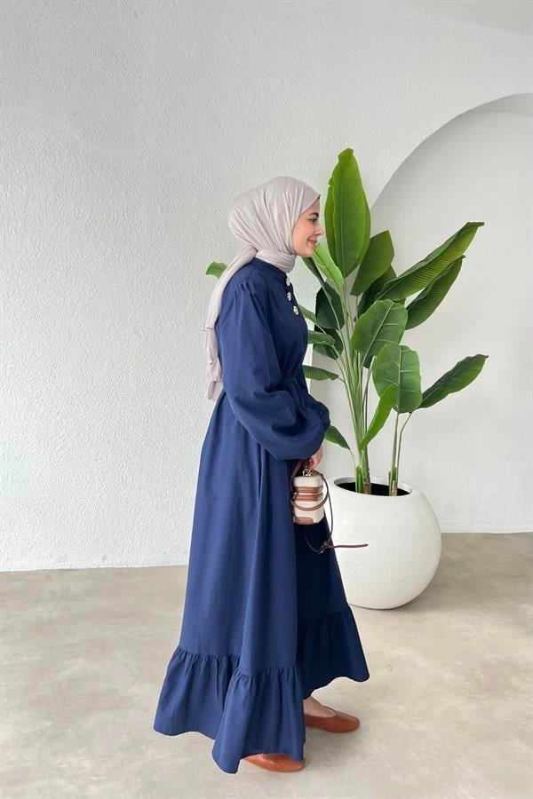 GOLD ÖNDEN DÜĞMELİ ELBİSE LACİVERT