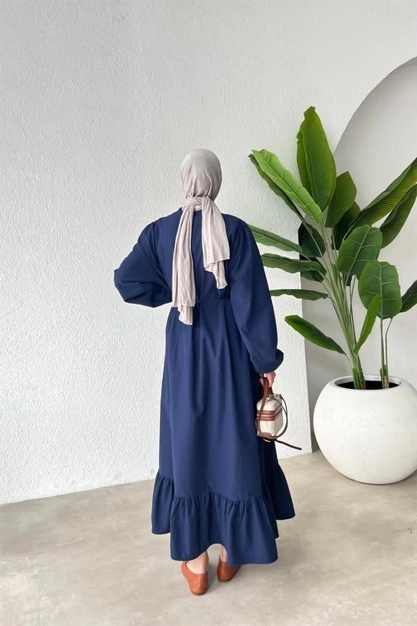 GOLD ÖNDEN DÜĞMELİ ELBİSE LACİVERT