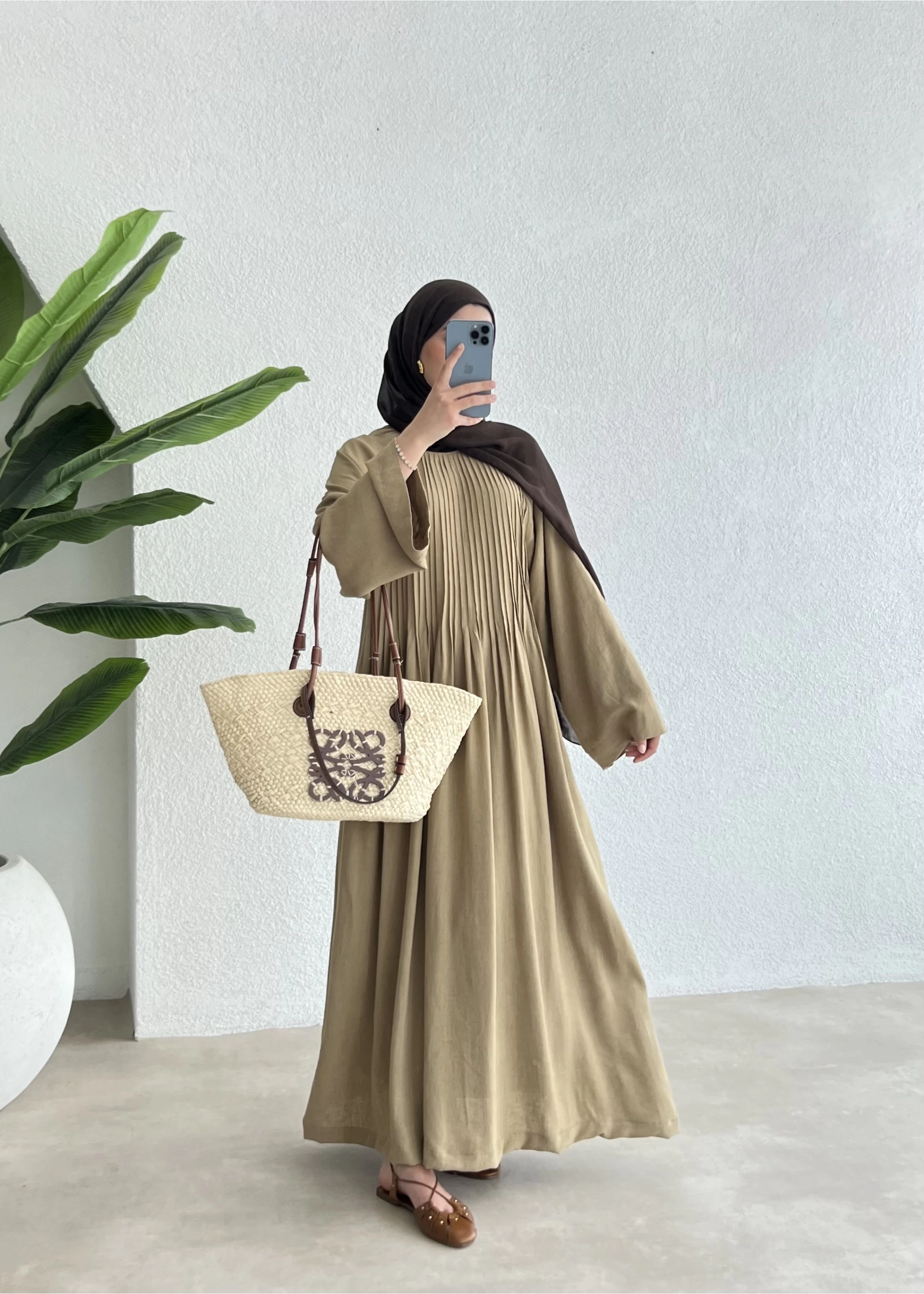 H&M keten nervul elbise haki