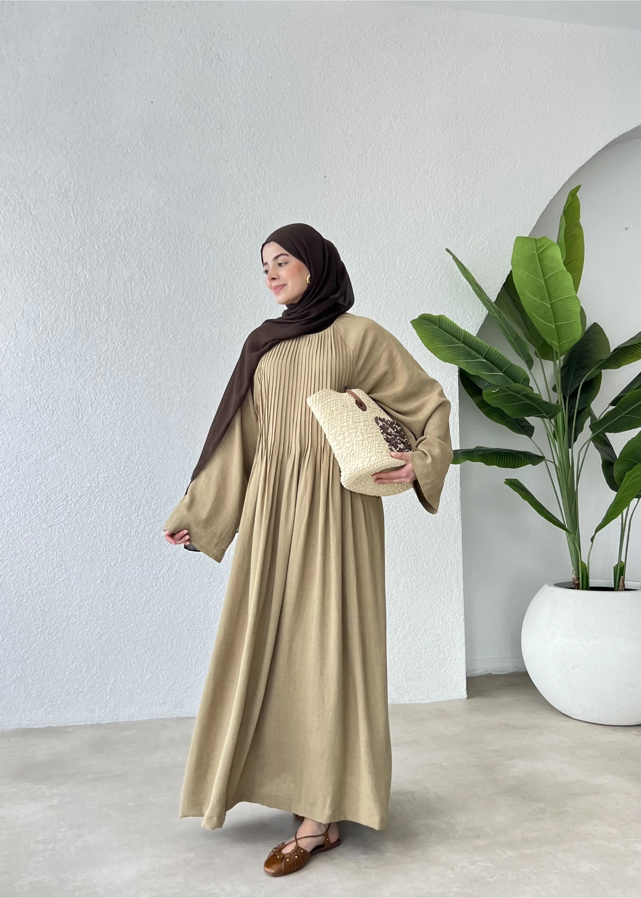 H&M keten nervul elbise haki