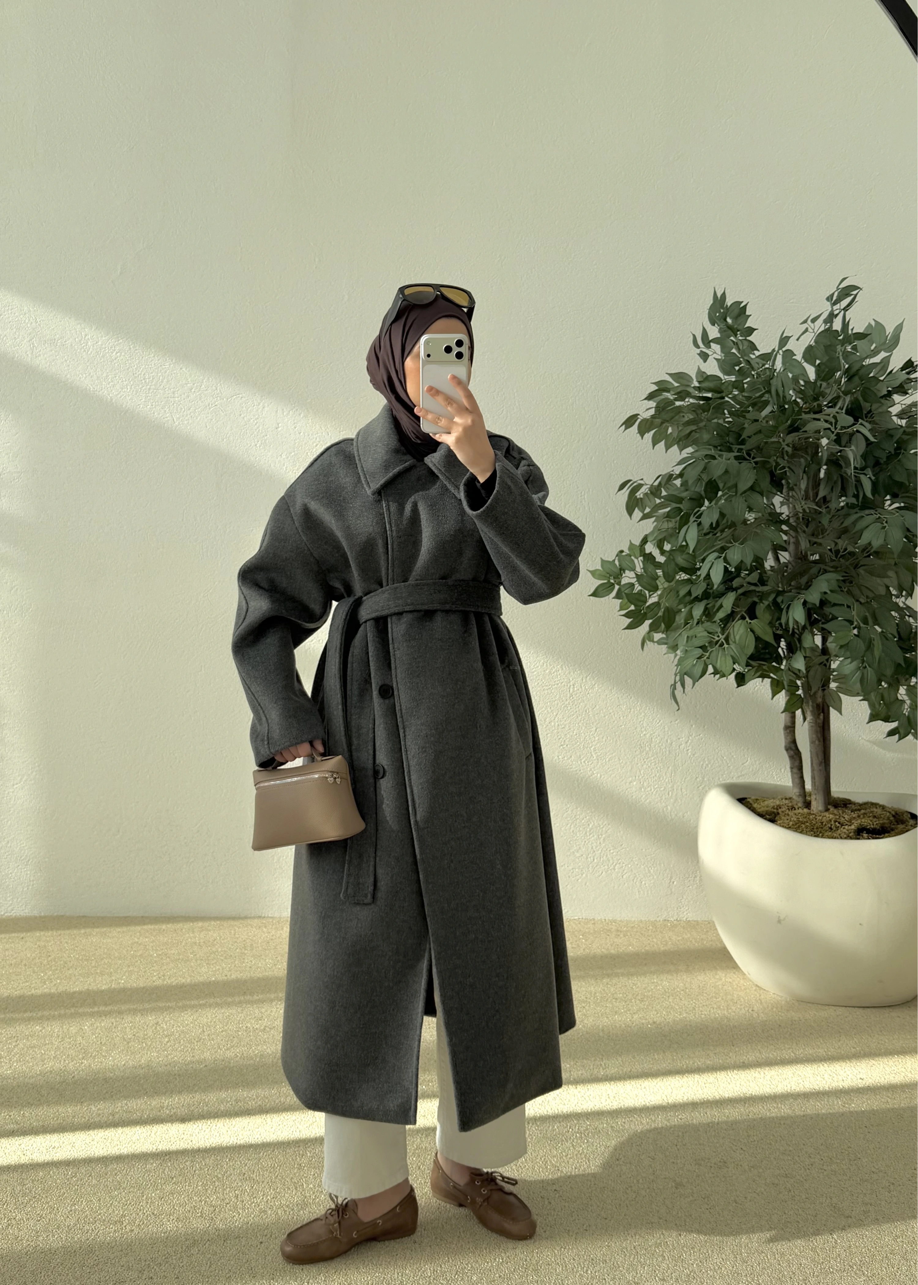 Kemerli düğmeli premium kaban antrasit