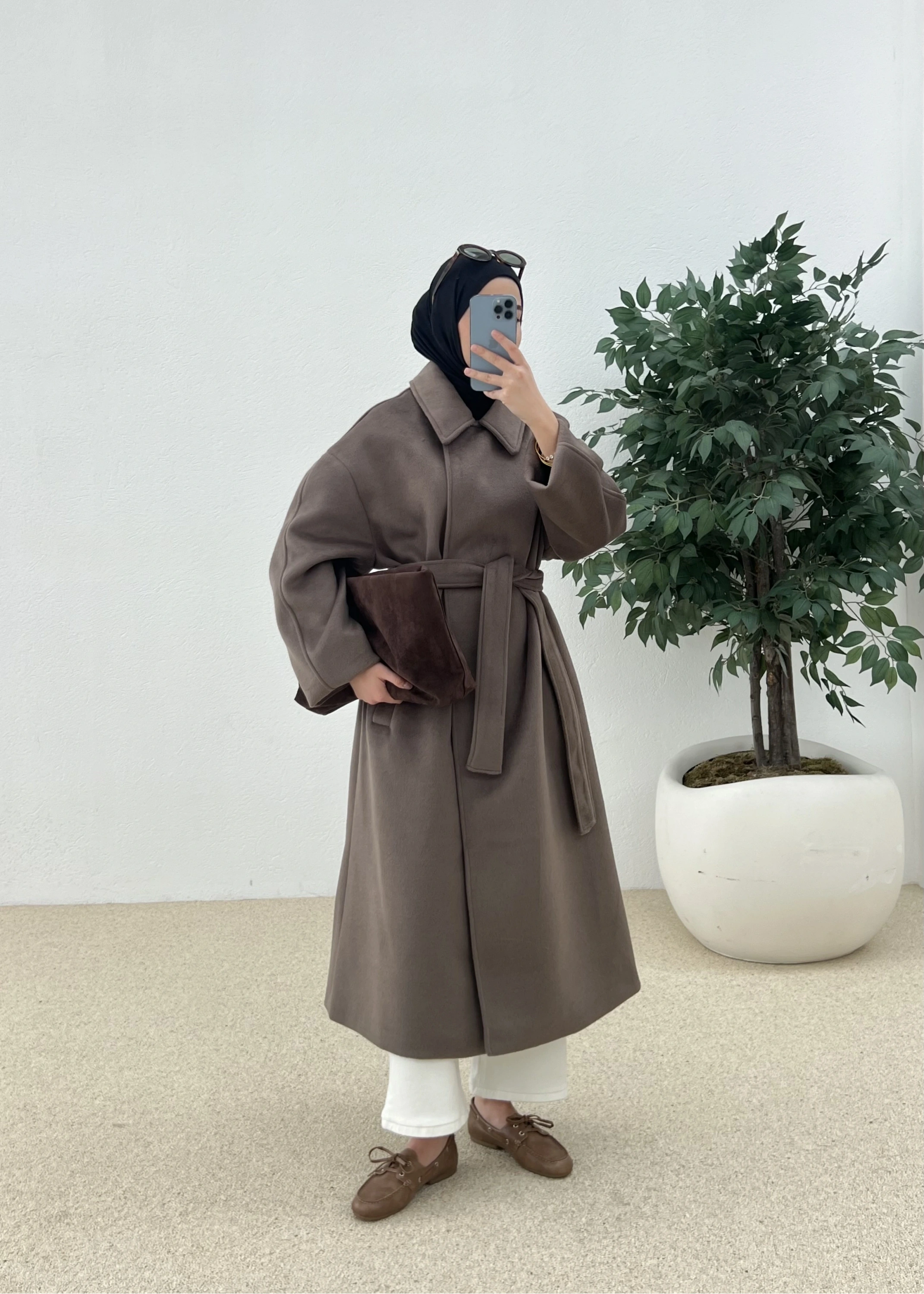 Kemerli düğmeli premium kaban kahve