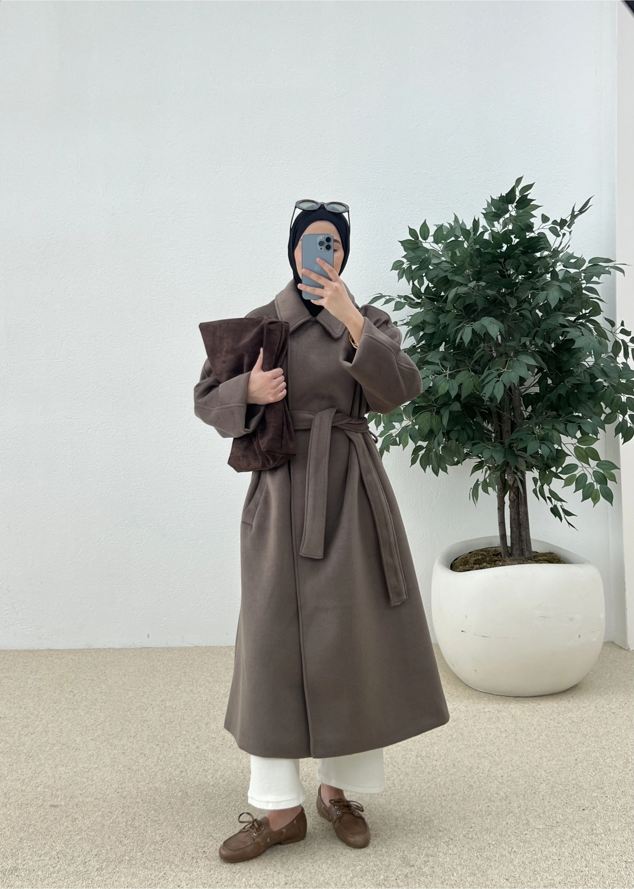 Kemerli düğmeli premium kaban kahve