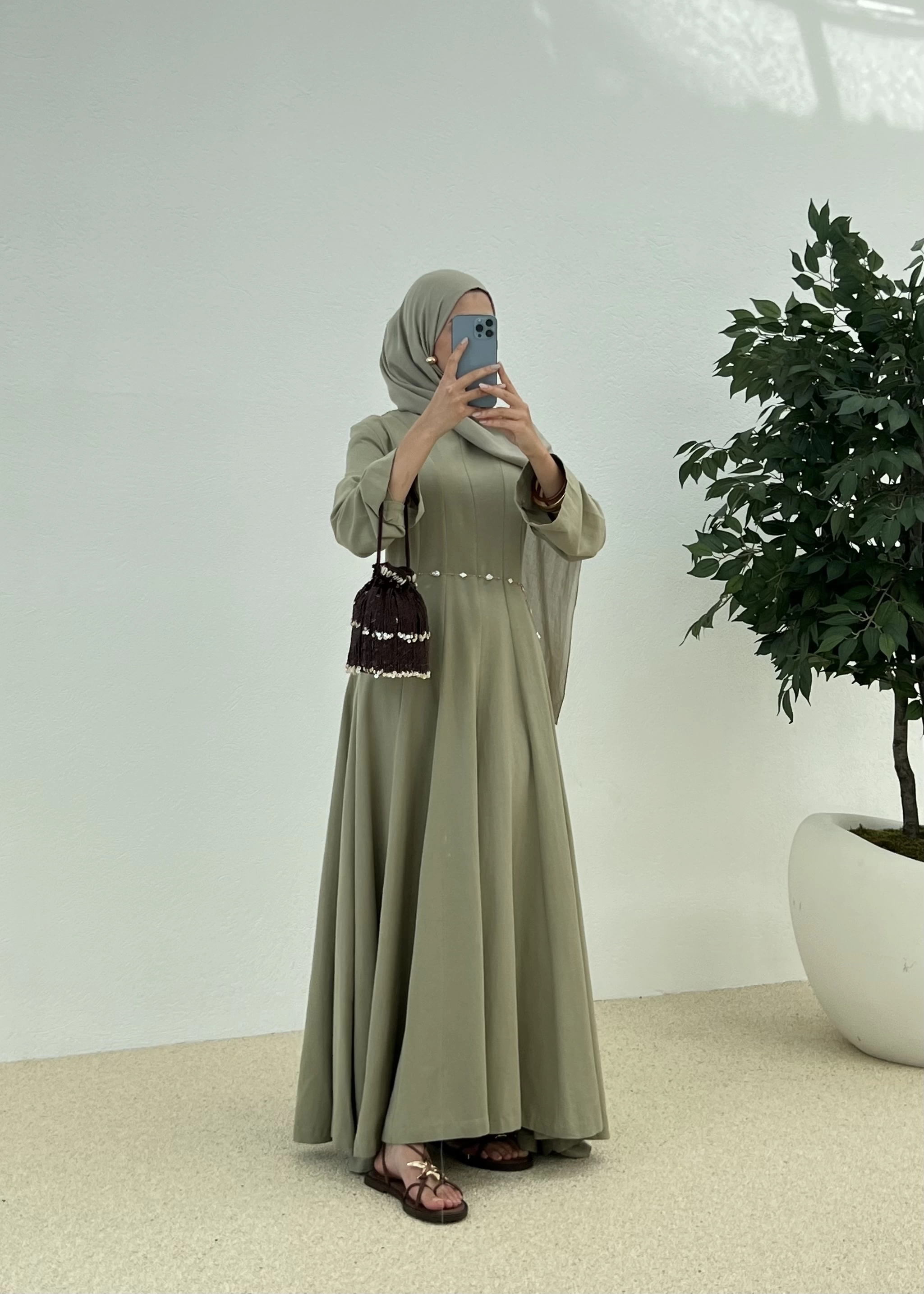 KETEN BEL OTURTMALI ELBİSE mint yeşil