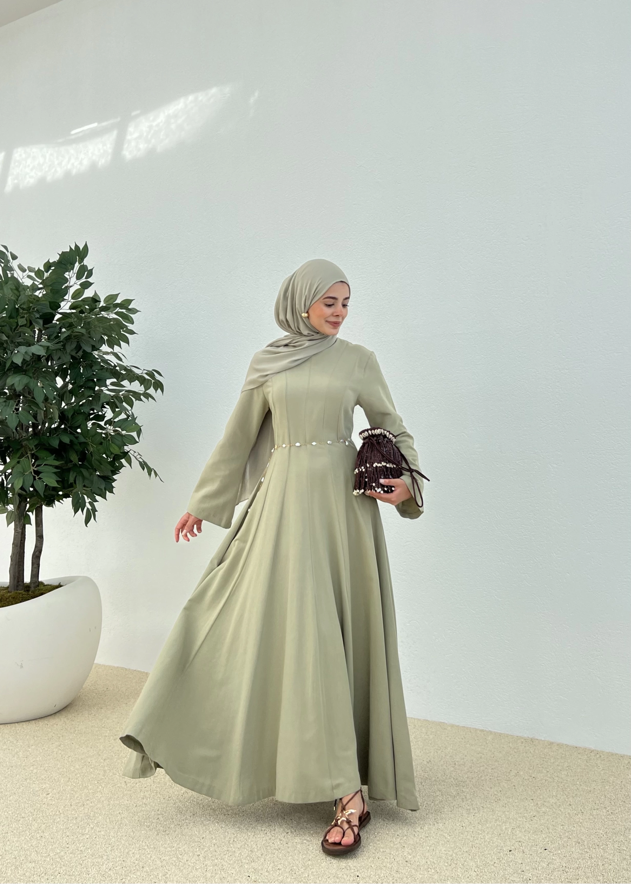 KETEN BEL OTURTMALI ELBİSE mint yeşil