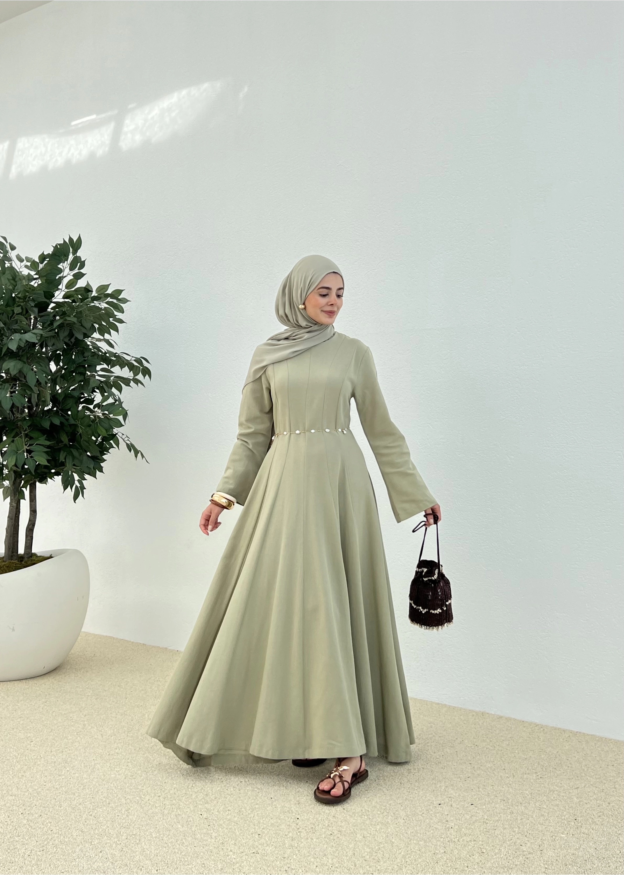KETEN BEL OTURTMALI ELBİSE mint yeşil